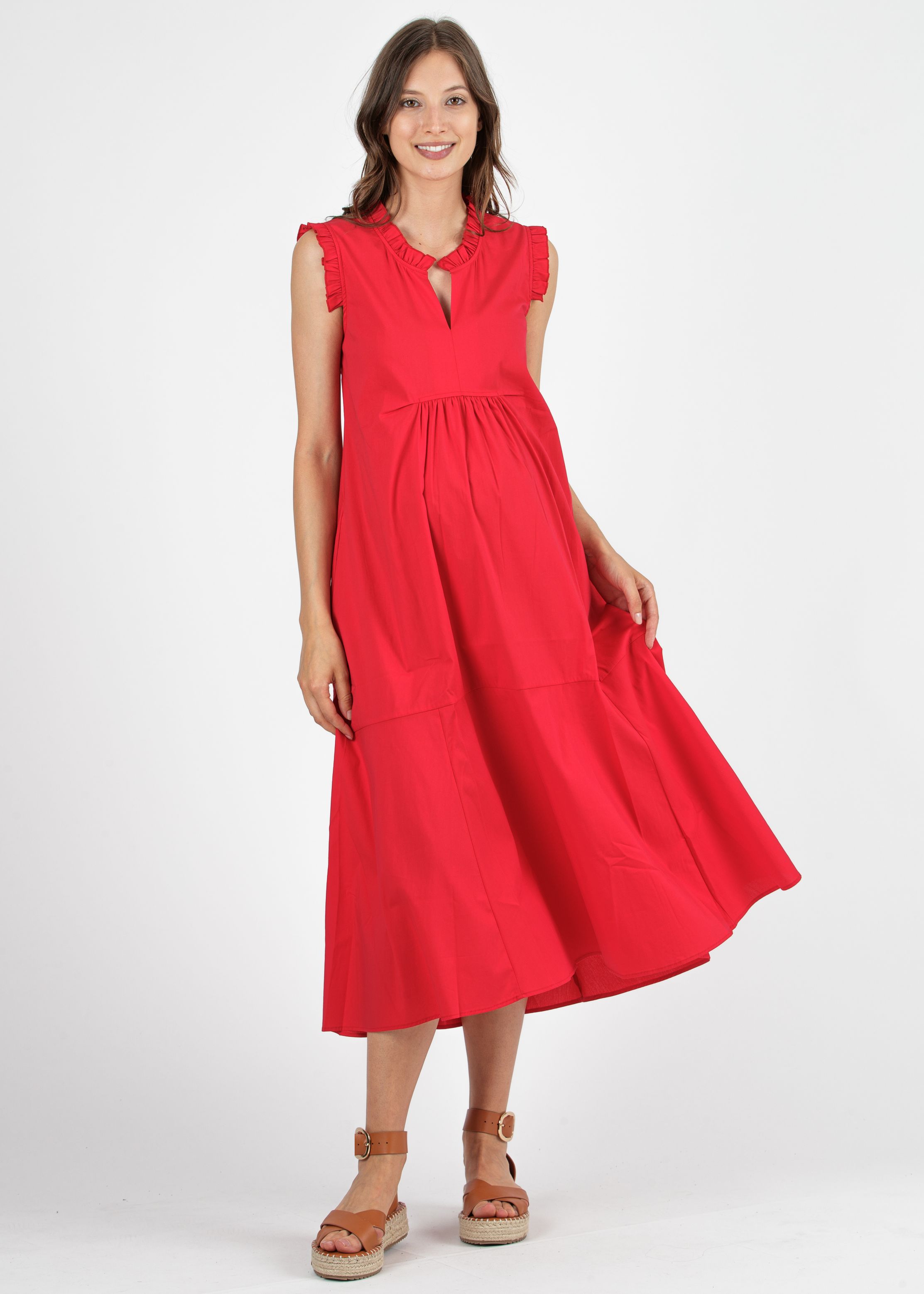 Midi Maternity Dress in Cotton Poplin with Frill Trims (Red, XS)