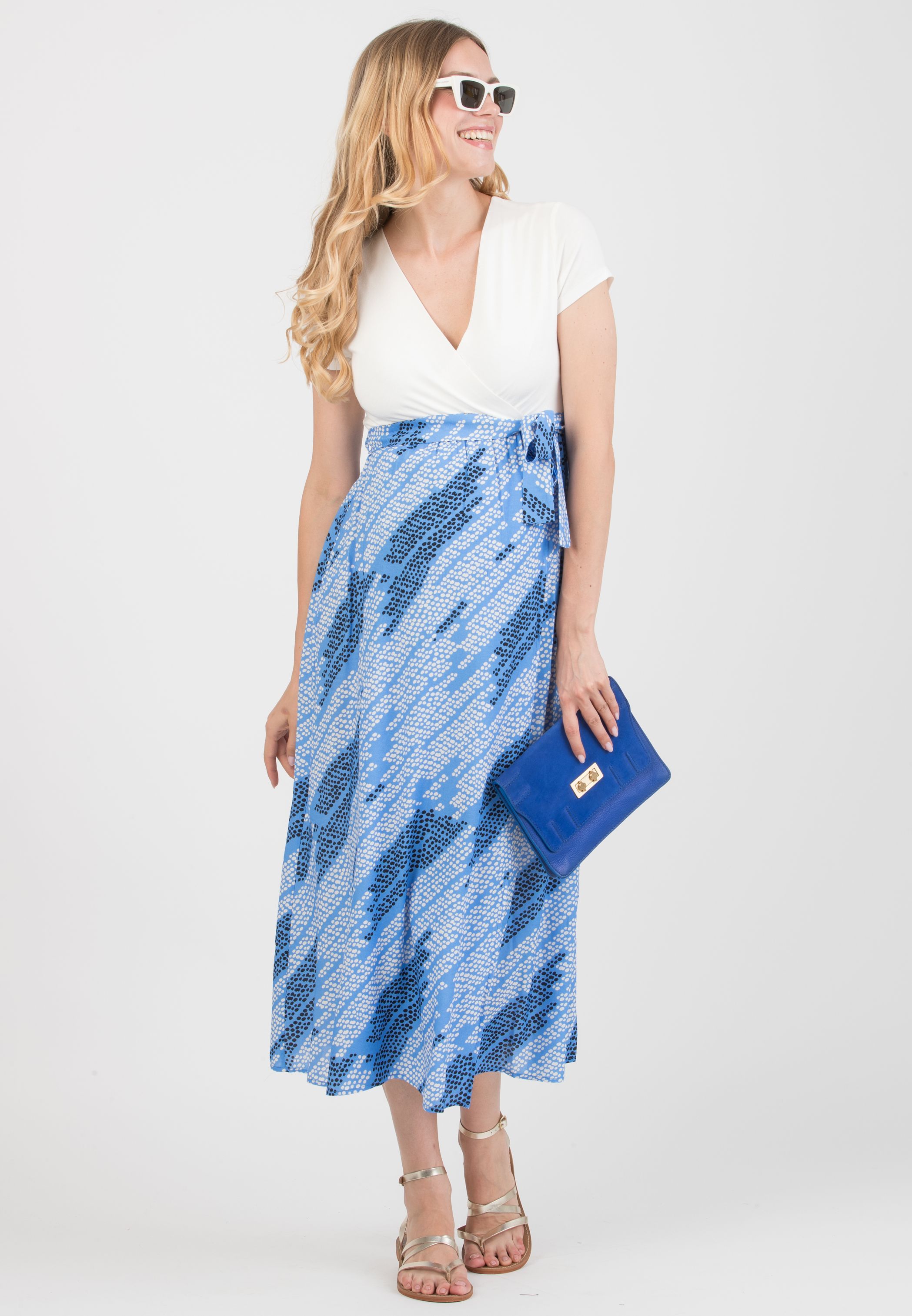 FEDERICA - Abito Midi Premaman con Scollo Incrociato e Gonna a Portafoglio in Viscosa (Blu Cina, XS)