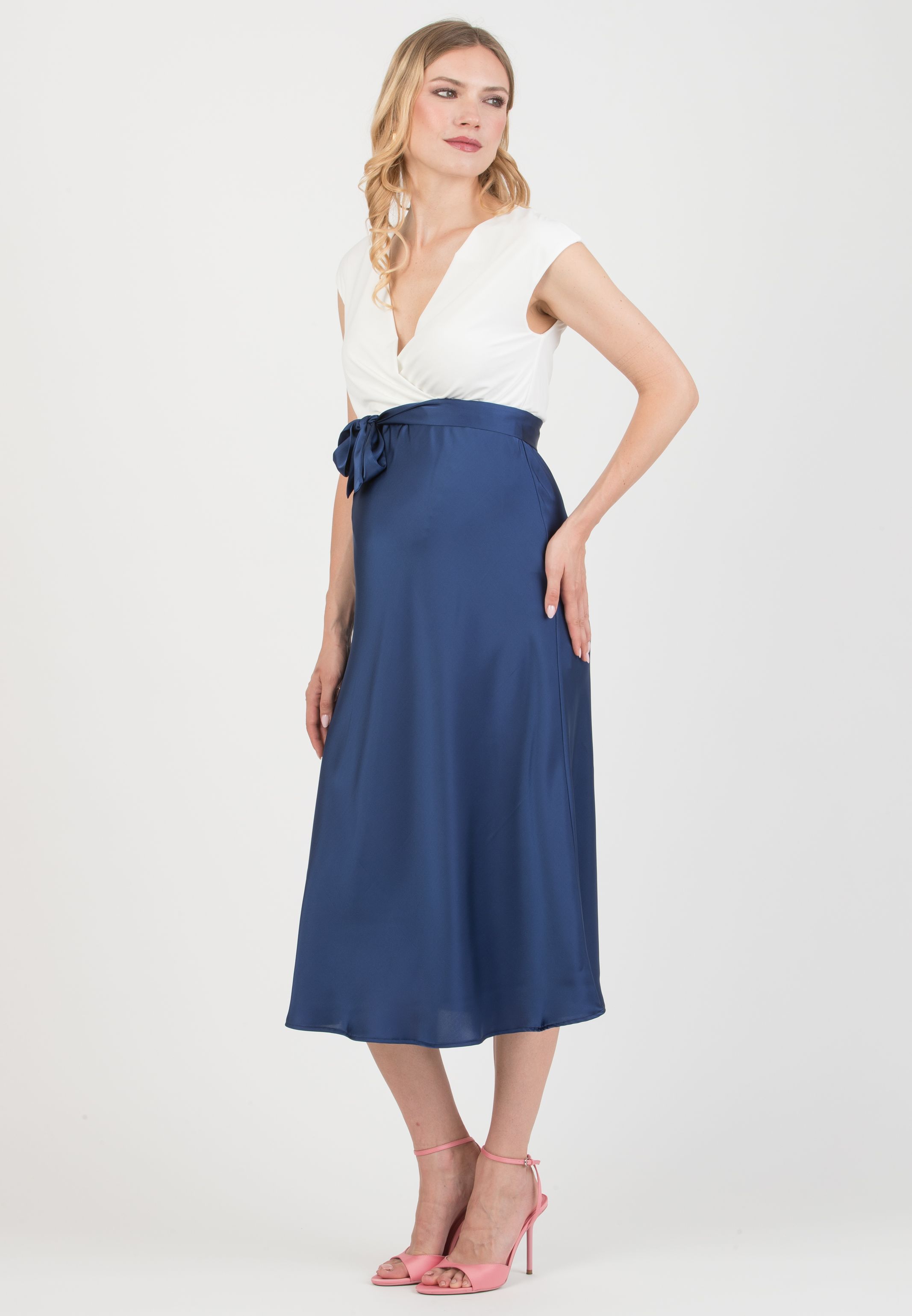 DILETTA – Maternity & Nursing Dress with Crossover Bodice and Satin Skirt (Denim)