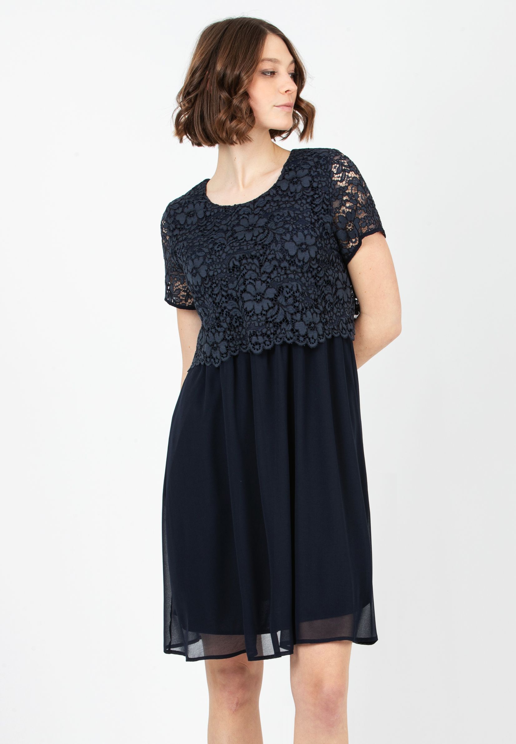 ELEONORA M/M GRS - Maternity & Nursing Dress in Lace and Recycled Chiffon (Blu Scuro)