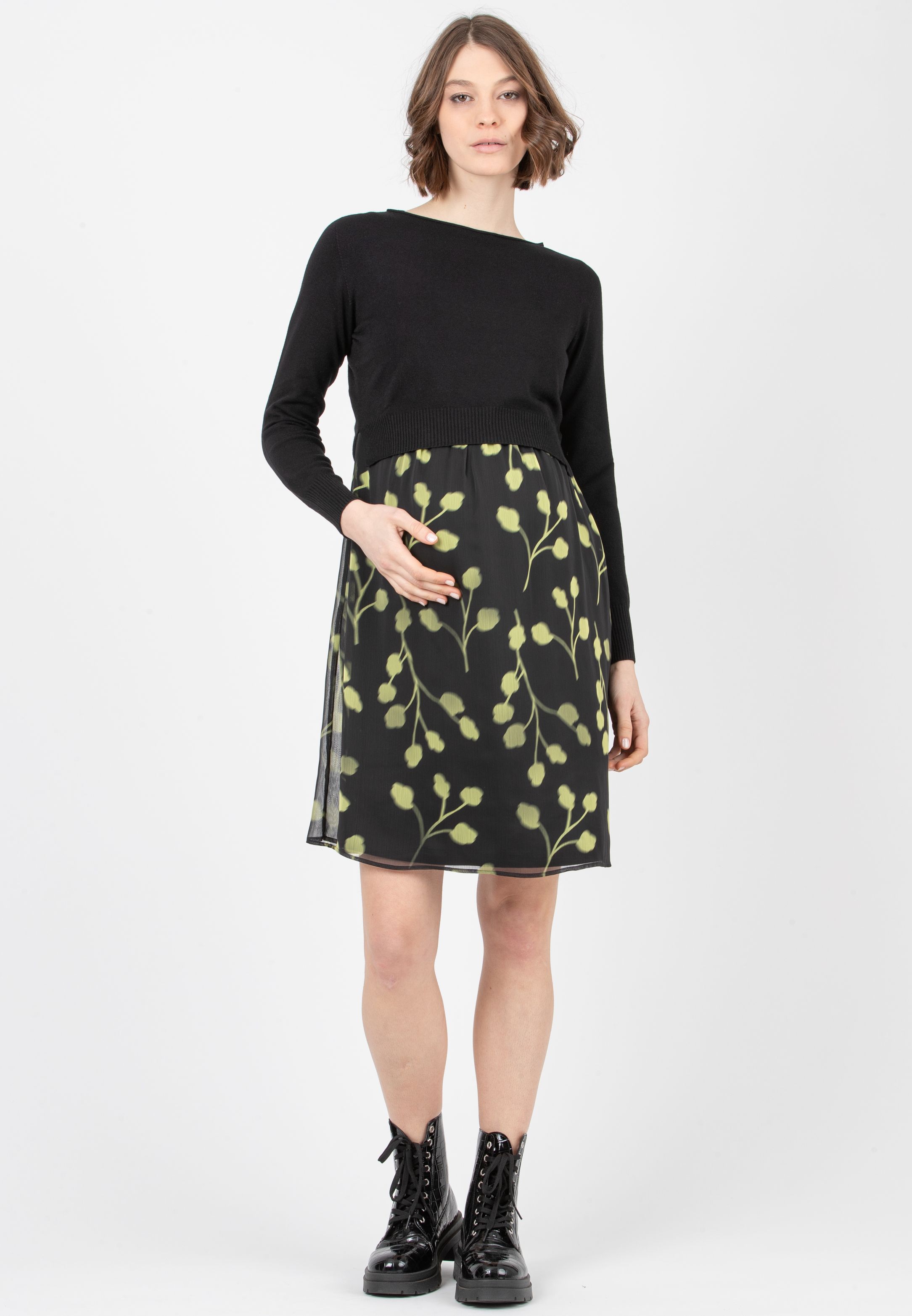 KELLY - Abito Premaman & Allattamento con Stampa Floreale e Maglioncino Abbinato (Verde Acido, XS)