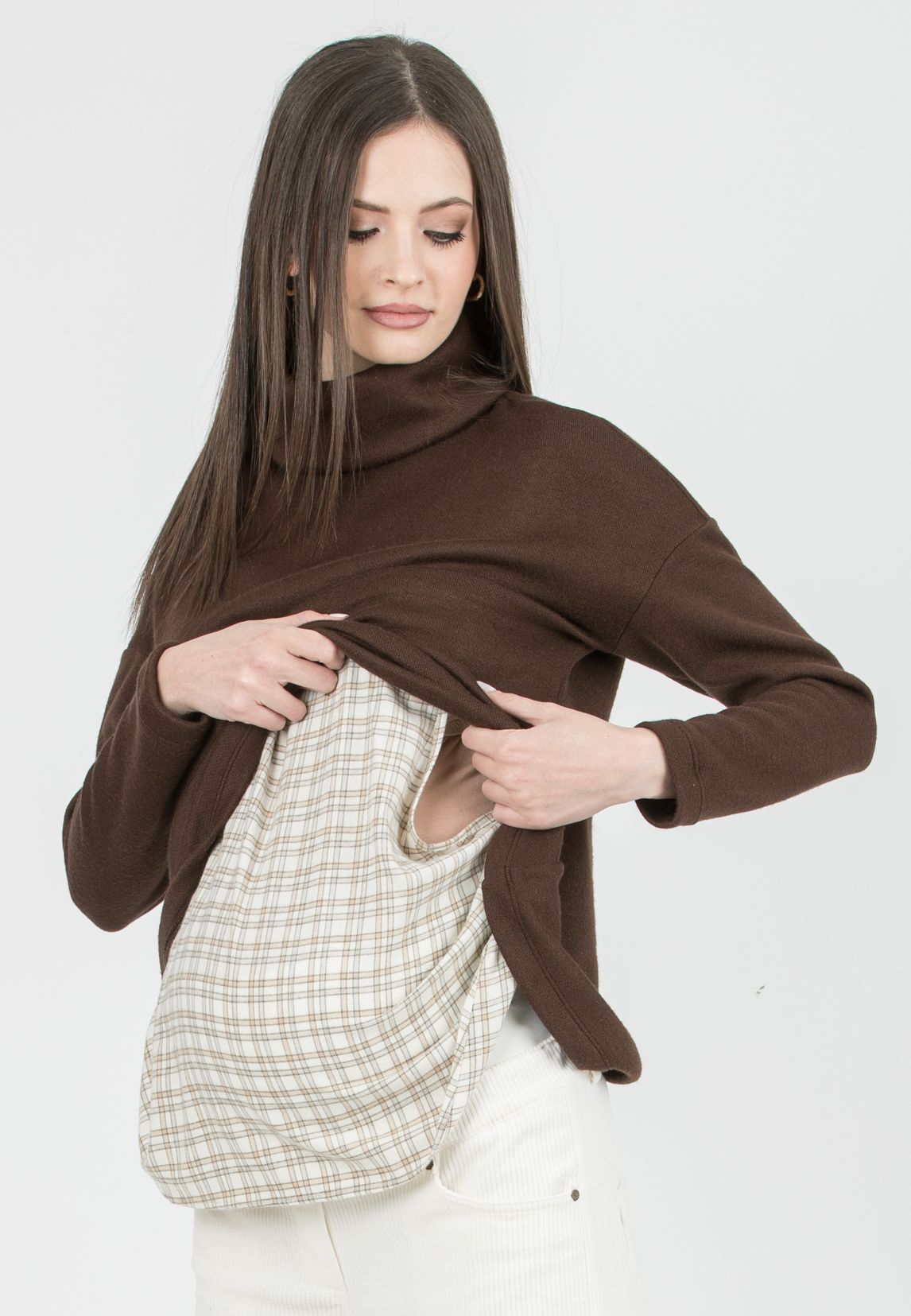 ASTRID - Maternity & Nursing Turtleneck Sweater with Shirt Insert (Marrone)