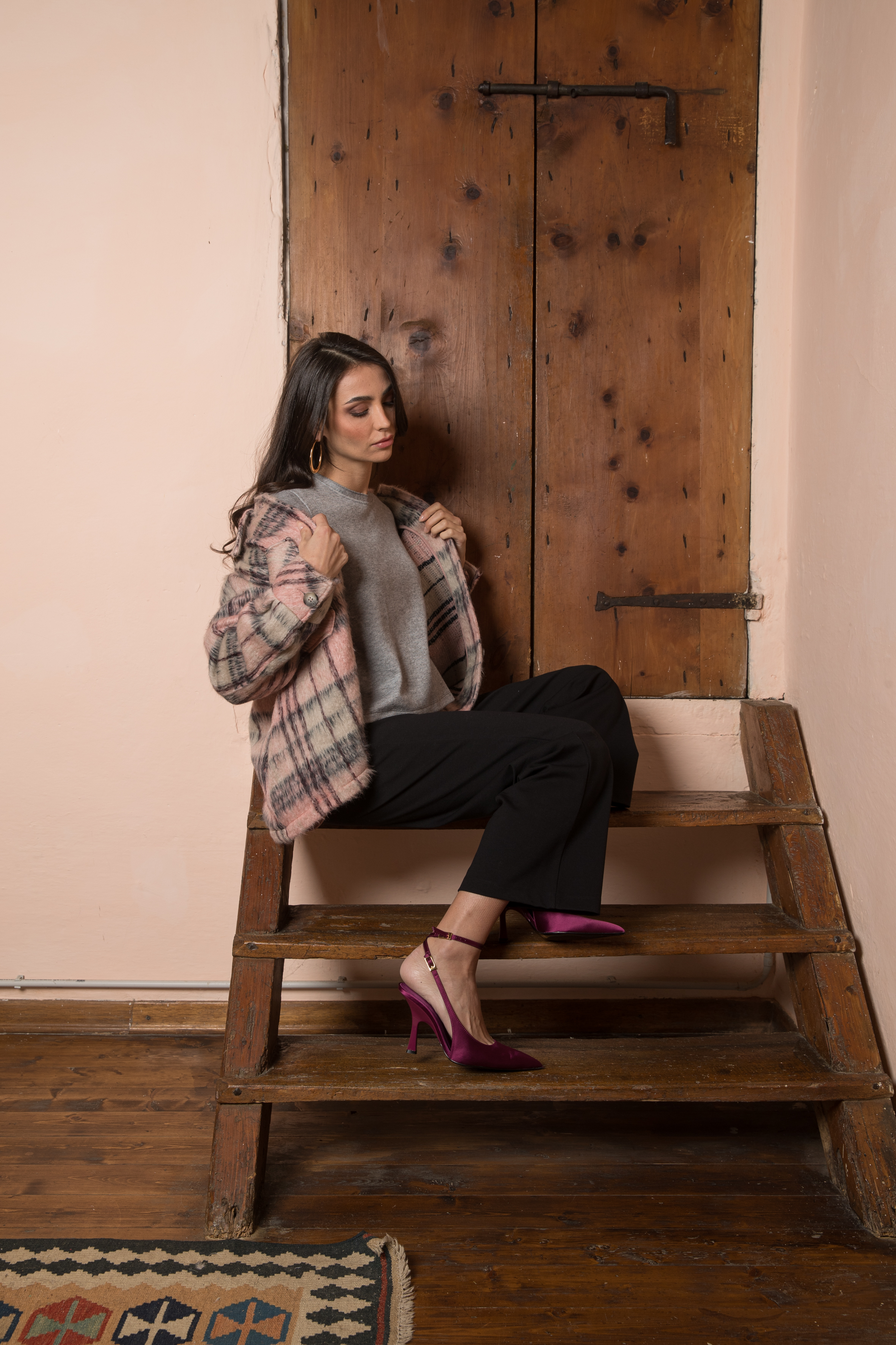 INDIA C – Cappotto Premaman Corto in Lana Vergine con Tasche a Quadri Rosa (Rosa, XS)
