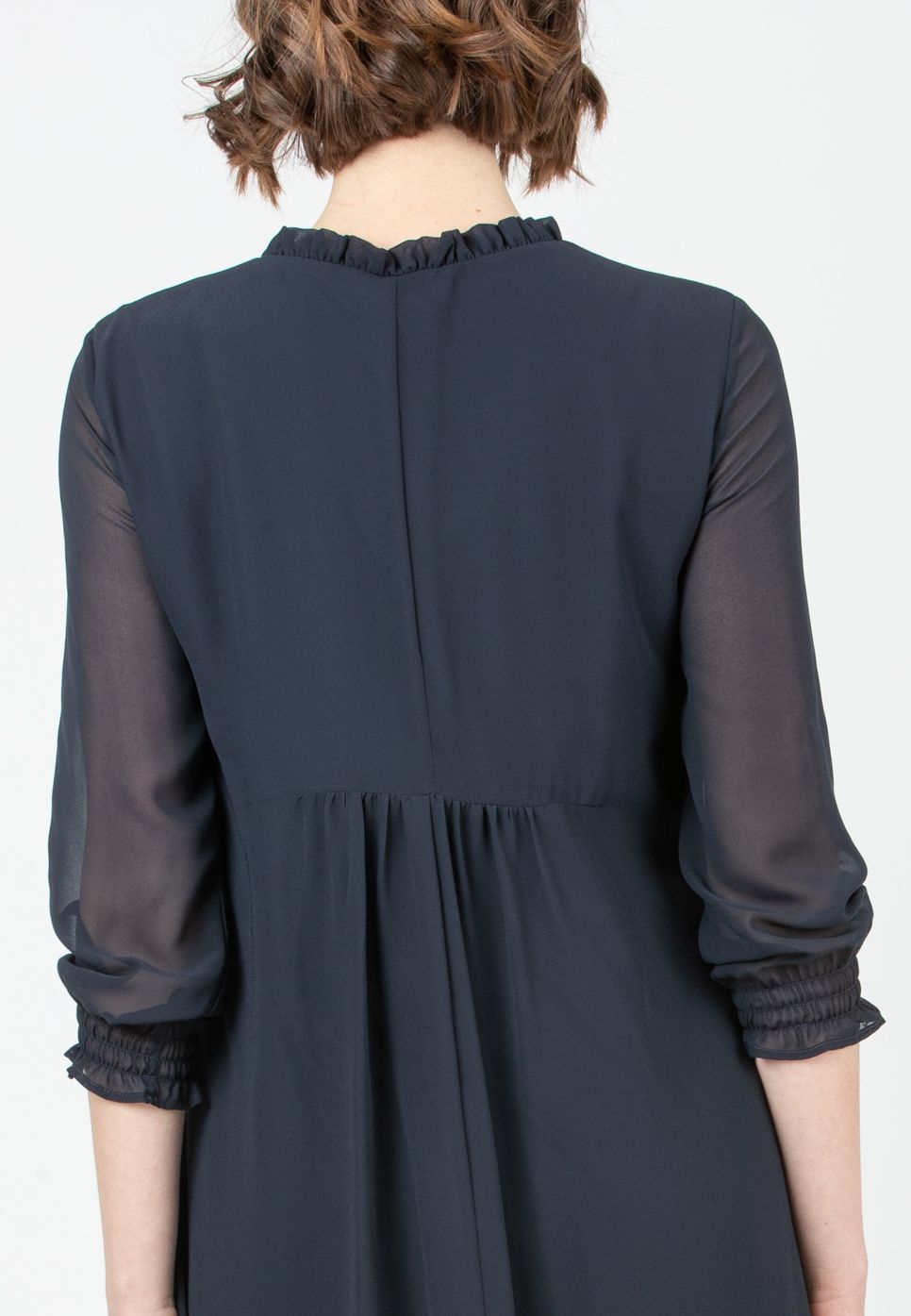 DIANA - Chiffon Maternity & Nursing Dress with Ruffle Trims on the Neck (Dark Blue, XS)