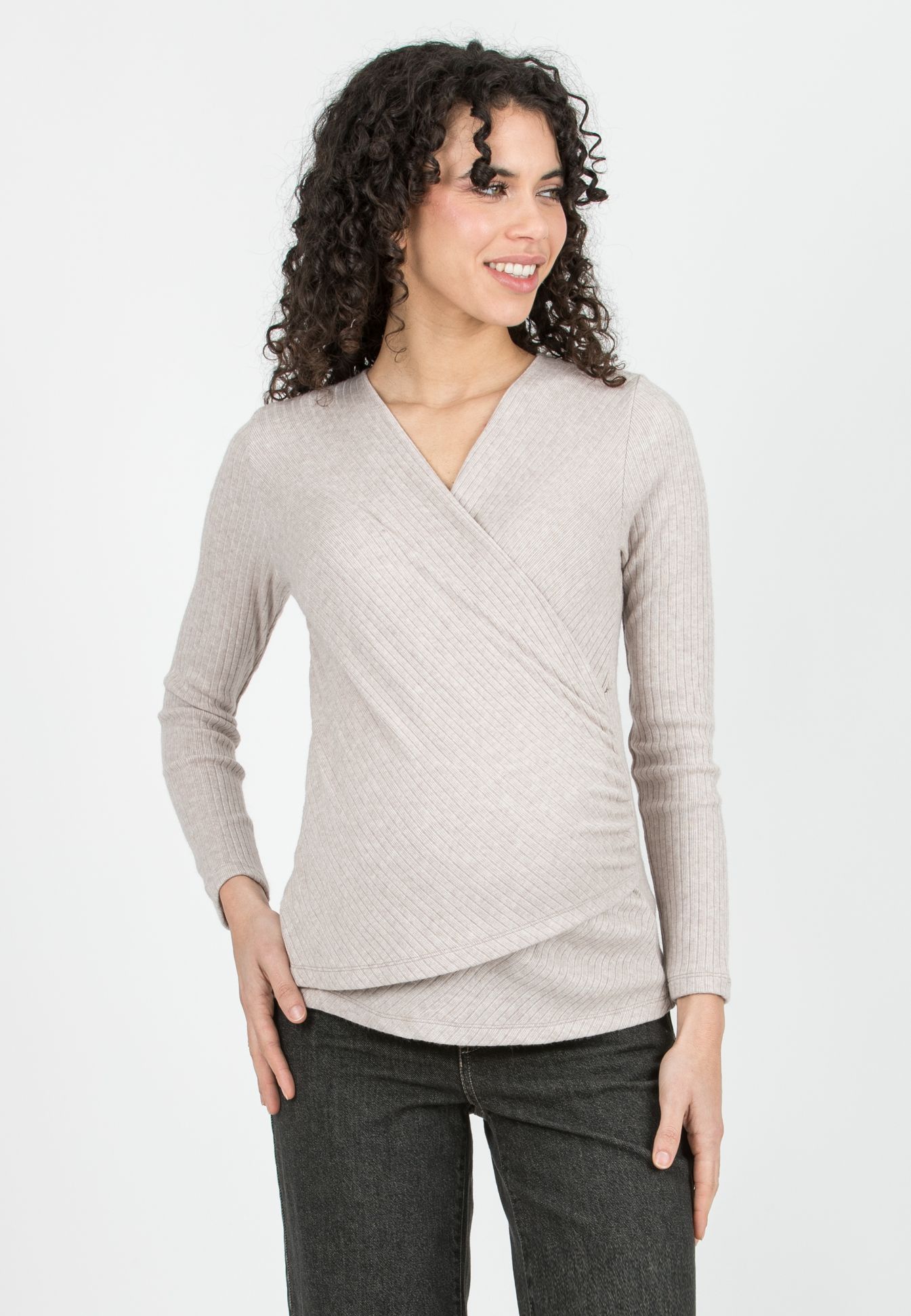 JENNIFER C - Maglioncino Premaman & Allattamento in Costina con Scollo Incrociato (Ecru', XS)