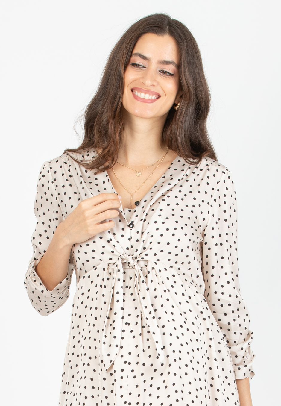 BELEN M/L - Abito Premaman & Allattamento in Viscosa a Pois con Corpino Annodato e Maniche 3/4 (Naturale)
