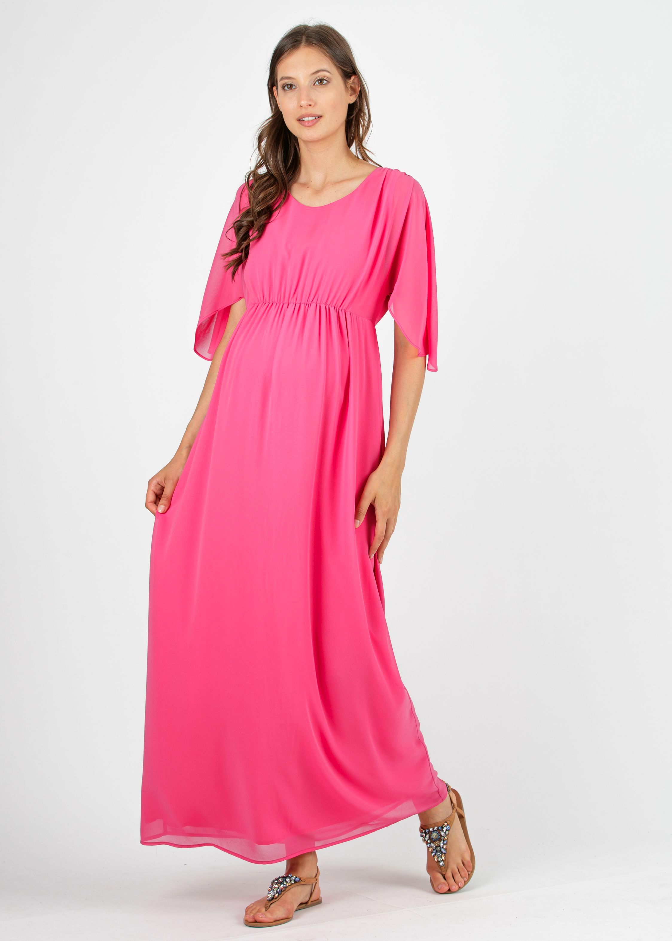 VALENTINA - Long Kimono Maternity Dress with Back Neckline (Fuchsia, XS)