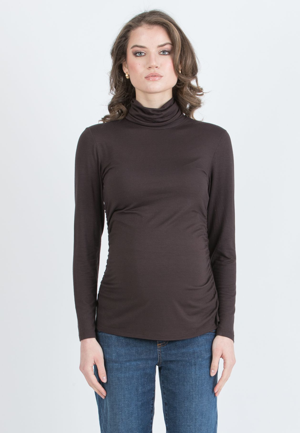 LARA - Dolcevita Premaman a Manica Lunga con Arricciature sui Fianchi (Marrone, XS)