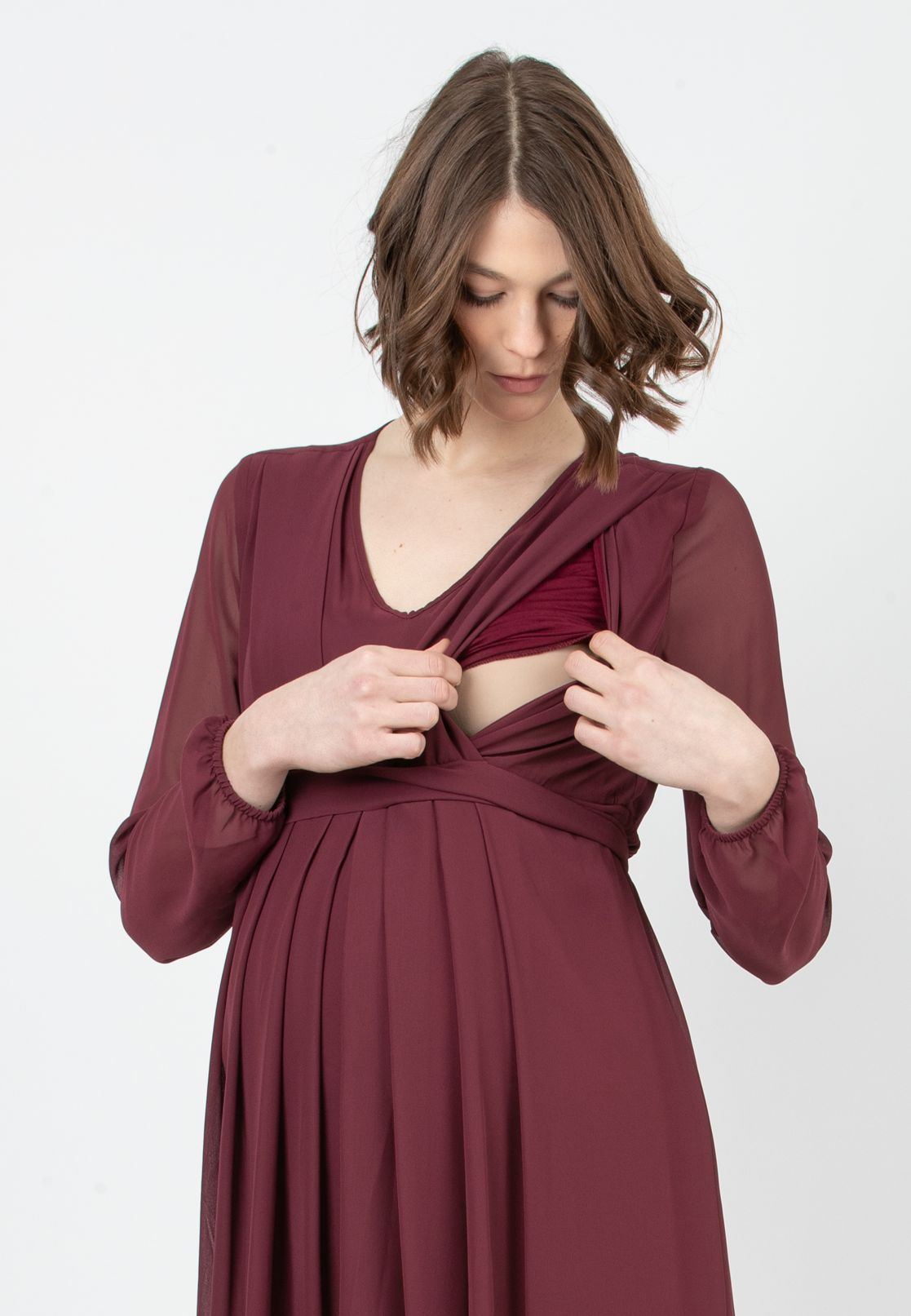 SARA - Abito Premaman & Allattamento in Chiffon (Prugna, XS)
