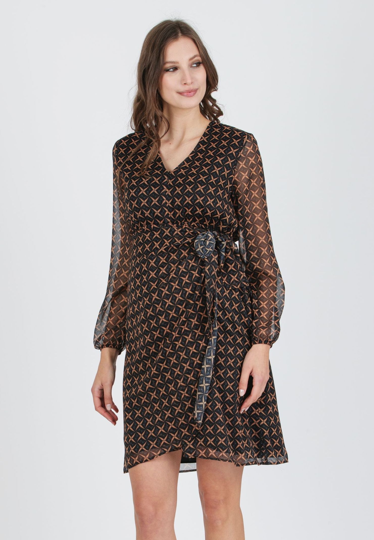 VIVIAN - Printed Chiffon Maternity & Nursing Dress with Draped Crossoover Skirt (Black, XS)