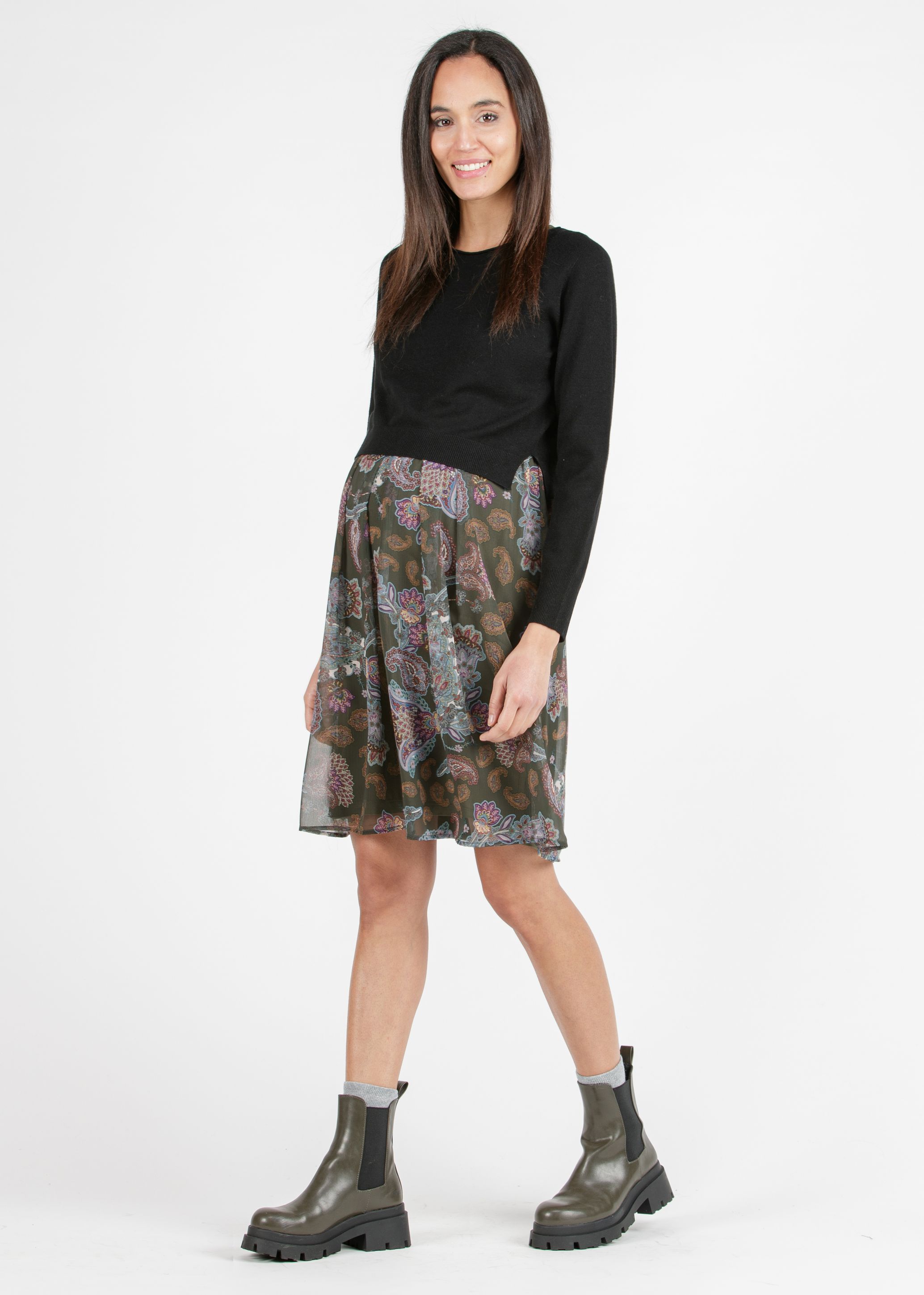 JANET - Paisley Printed Maternity & Nursing Dress with Coordinated Sweater (Army Green, XS)