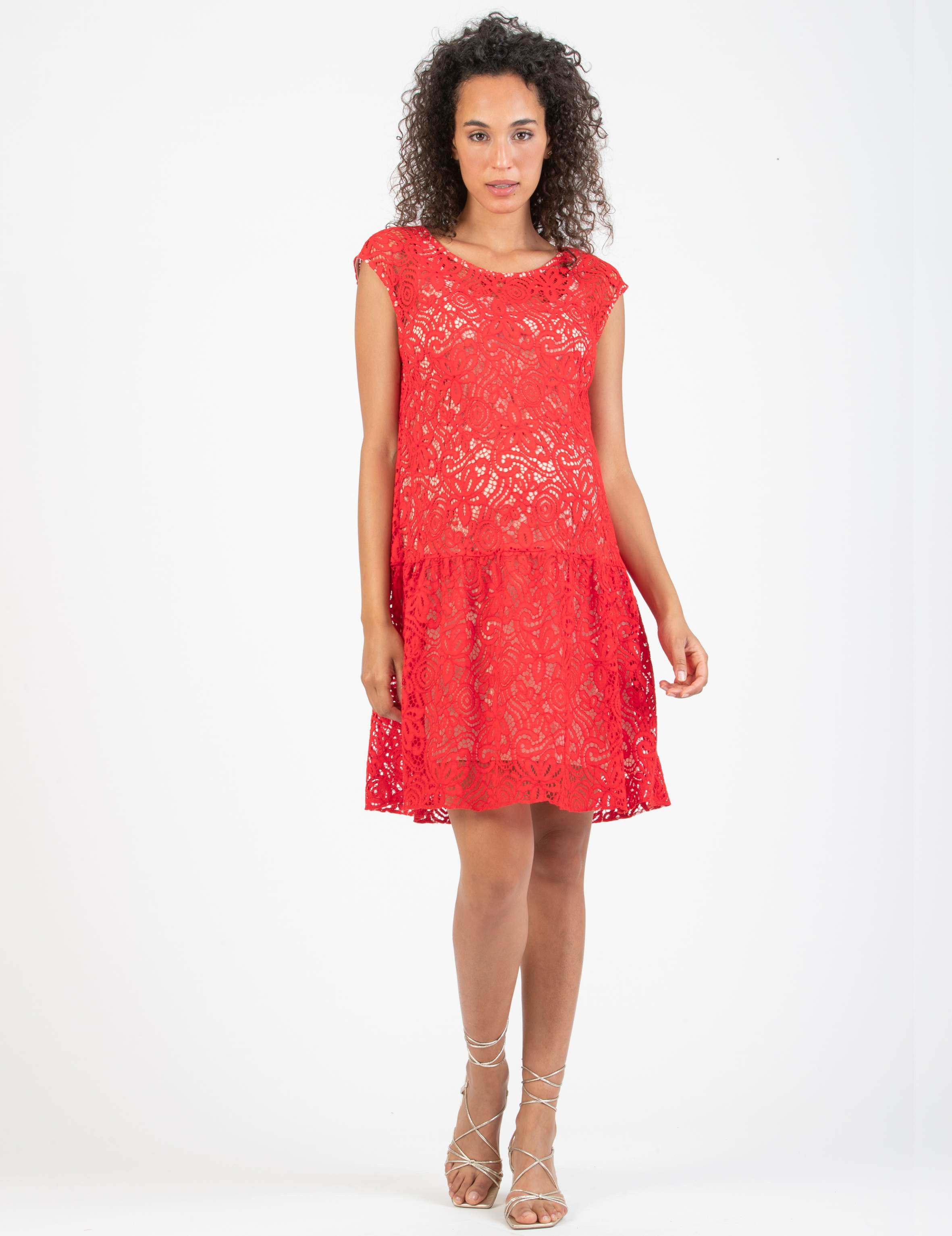 Abito Premaman in Pizzo Ricamato con Fiocco Dietro (Rosso, XS)