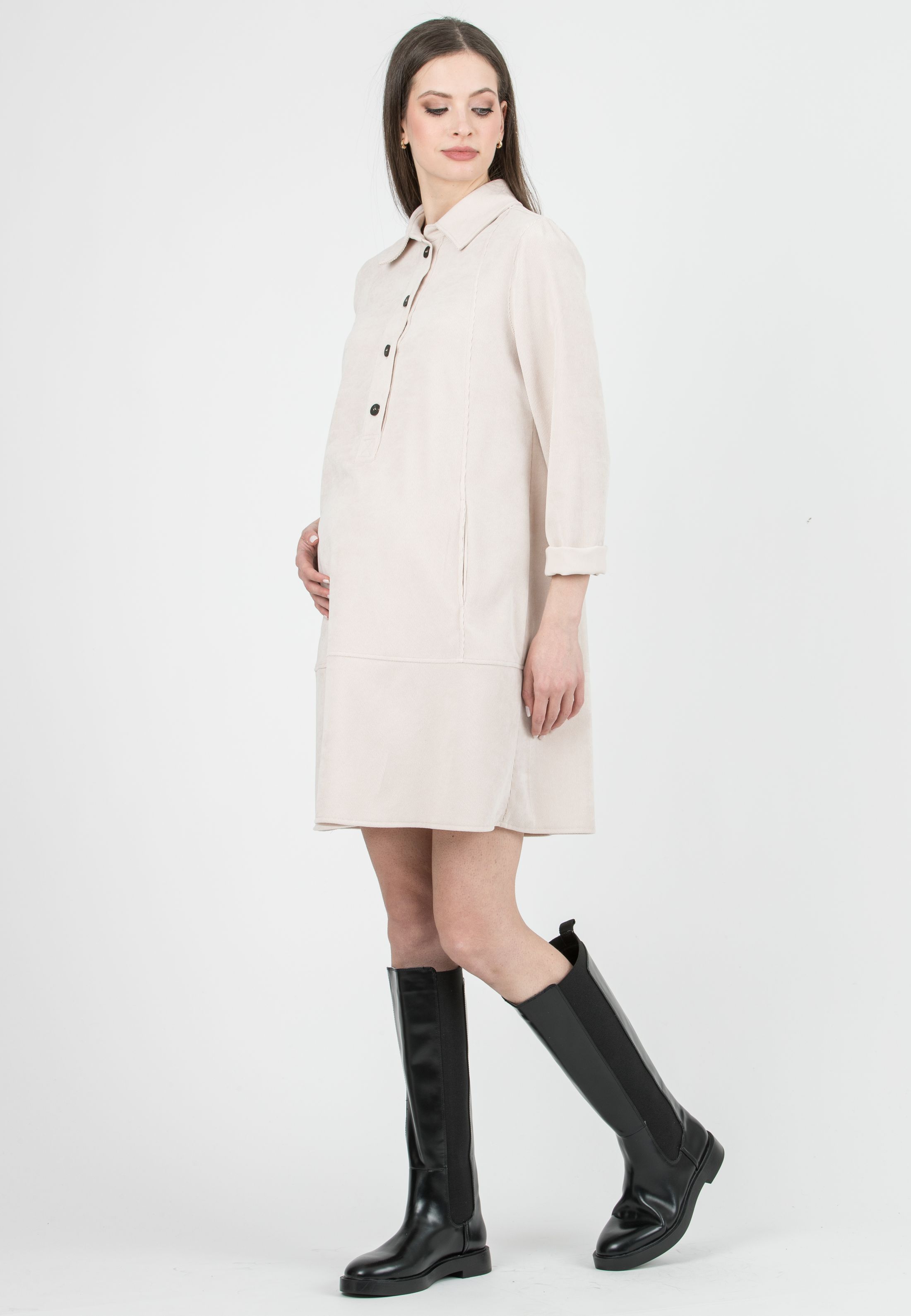 GRETA – Abito Camicia Premaman & Allattamento in Velluto (Naturale)