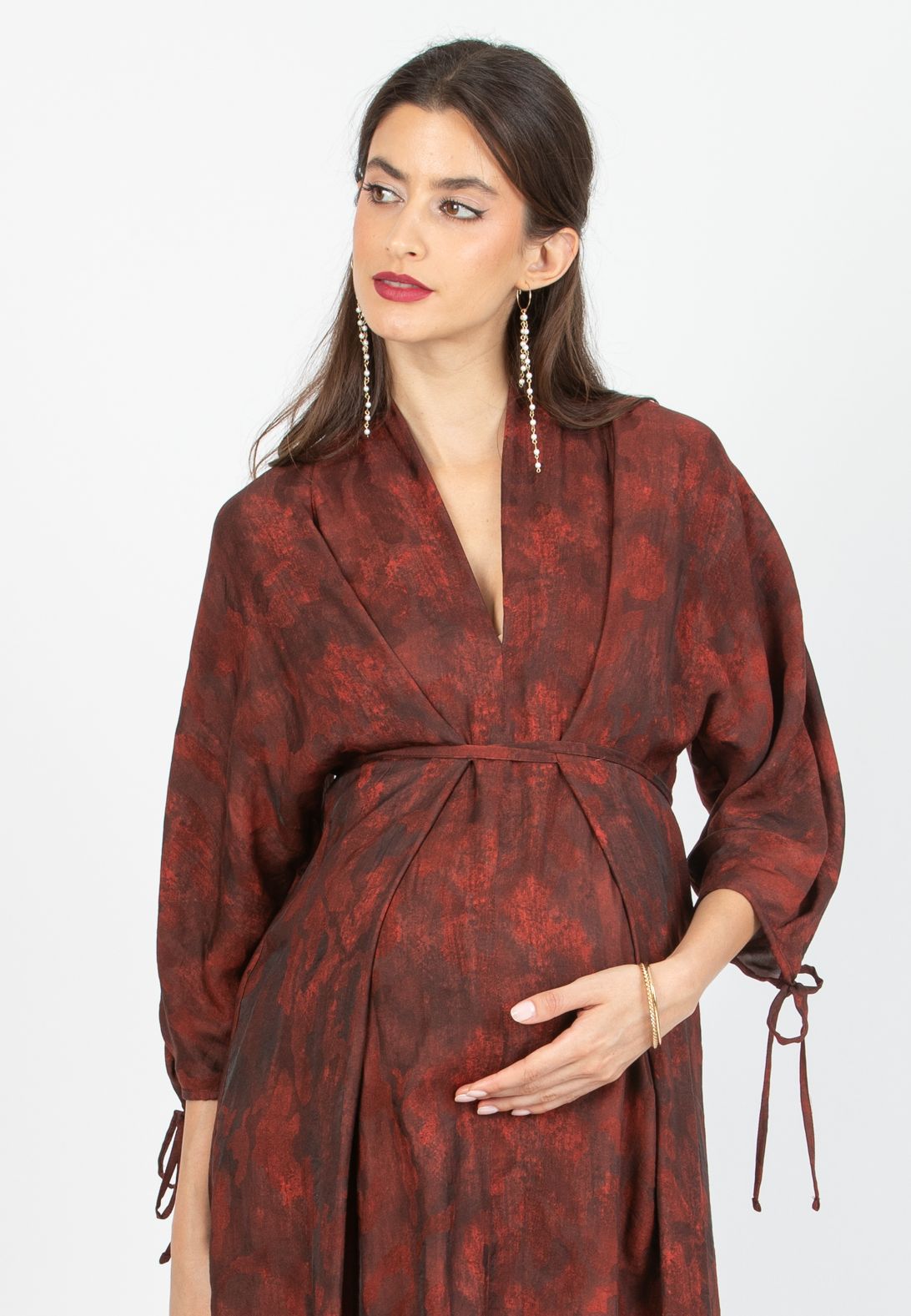 VIOLA - Maternity Kimono Dress in Viscose with Ties (Rosso India)