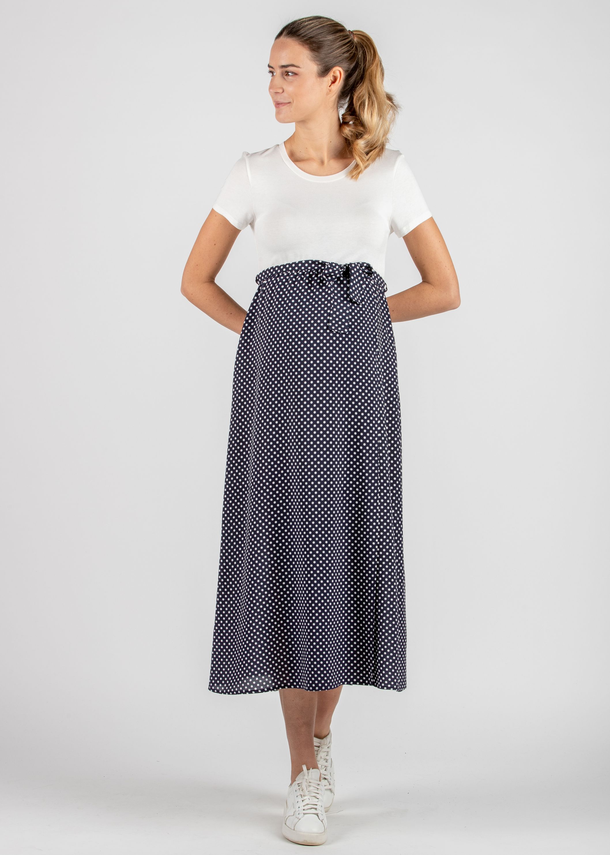 Abito Midi Premaman con Gonna a Pois a Portafoglio (Blu, XS)