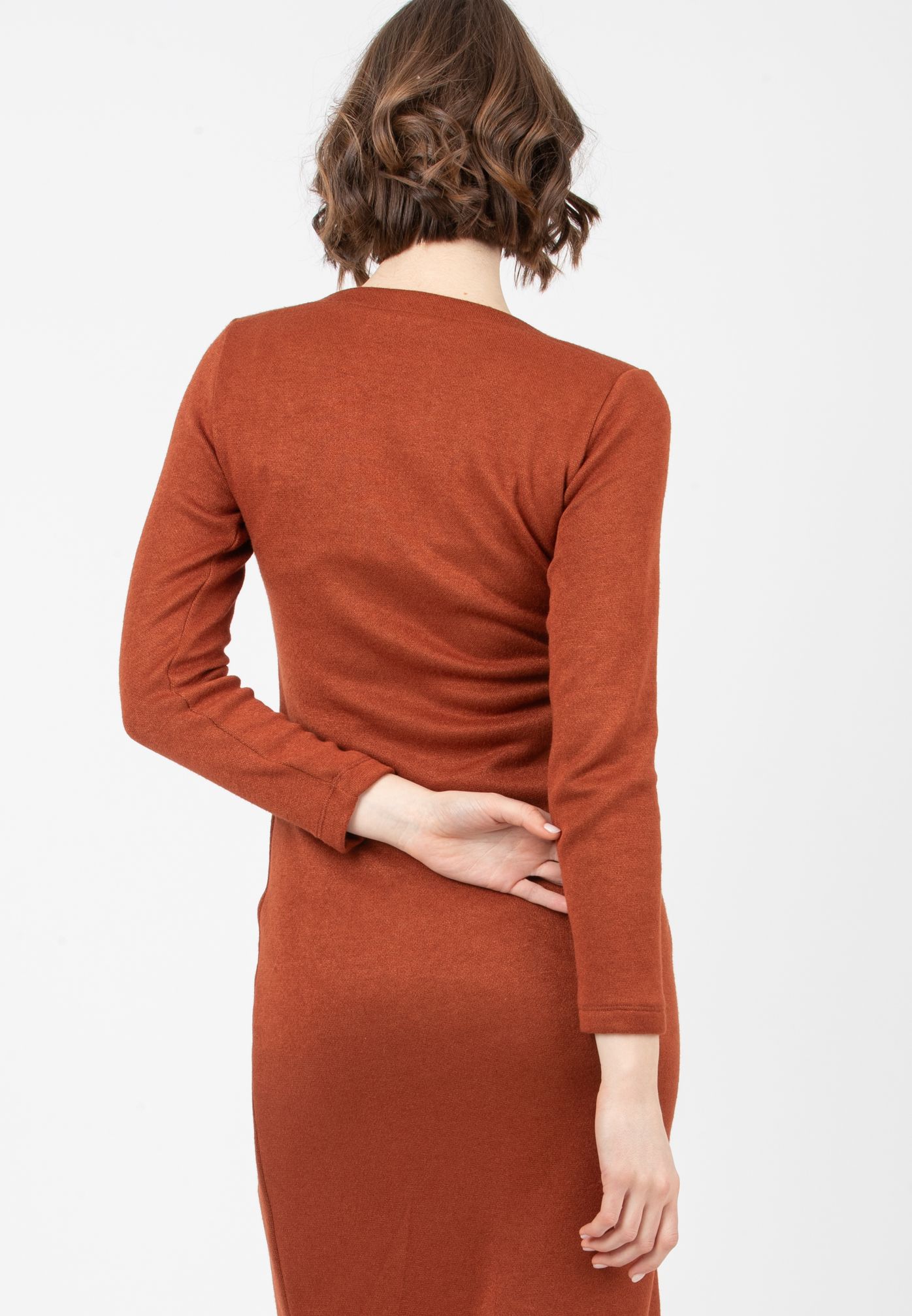 AMELIA - Maternity Midi Knit Dress with Waistband (Brick Red, XS)