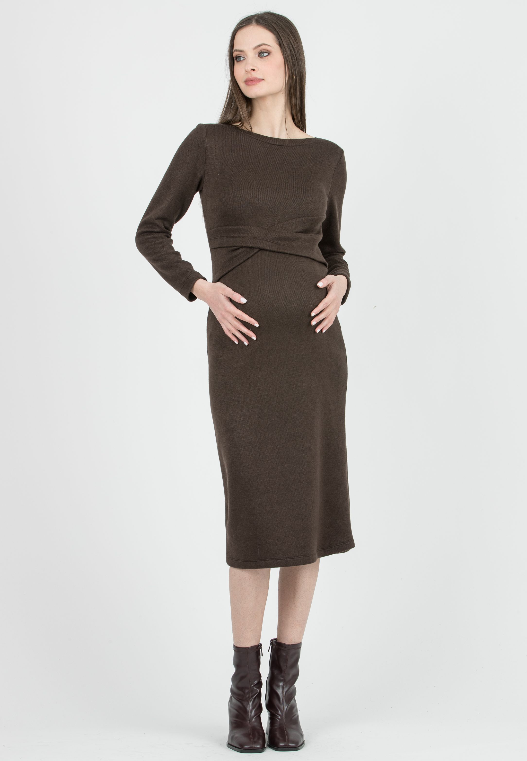 AMELIA - Abito Premaman Longuette in Maglia con Fascia in Vita (Marrone)