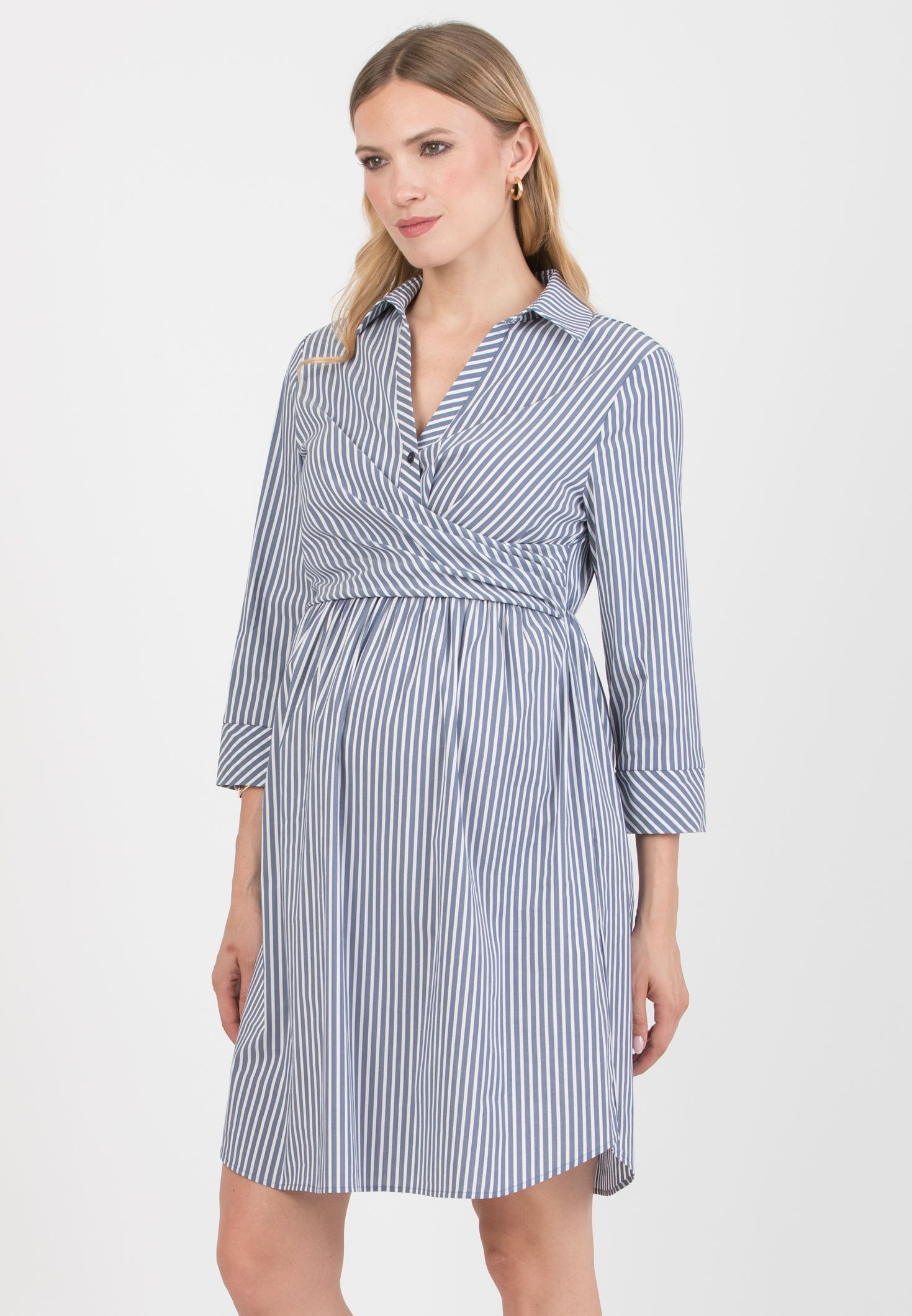 EMANUELA - Maternity & Nursing Striped Cotton Dress with Waistband (Blu)