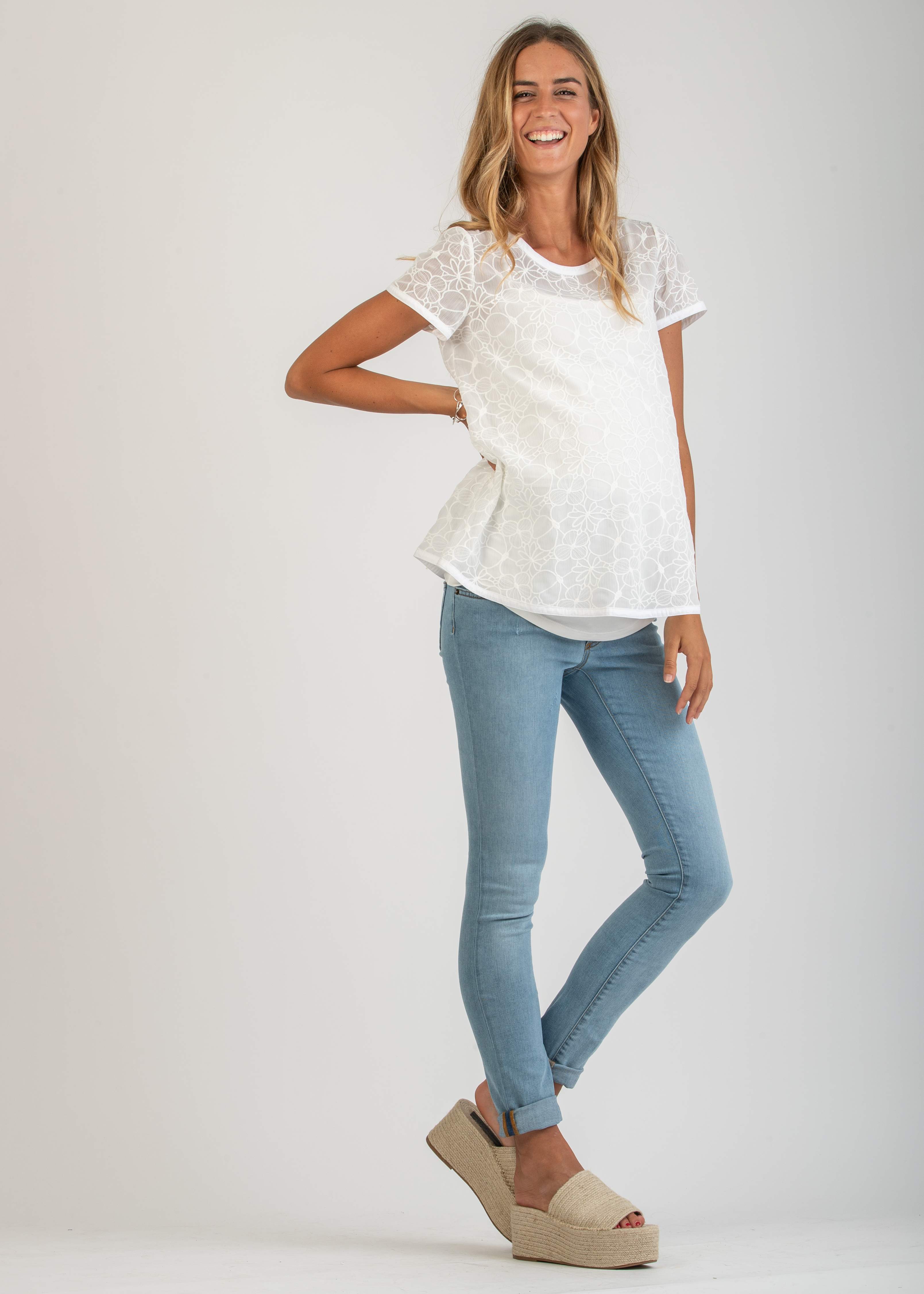 Jeans Skinny Premaman con Effetto Slavato Chiaro (Azzurro, XS)