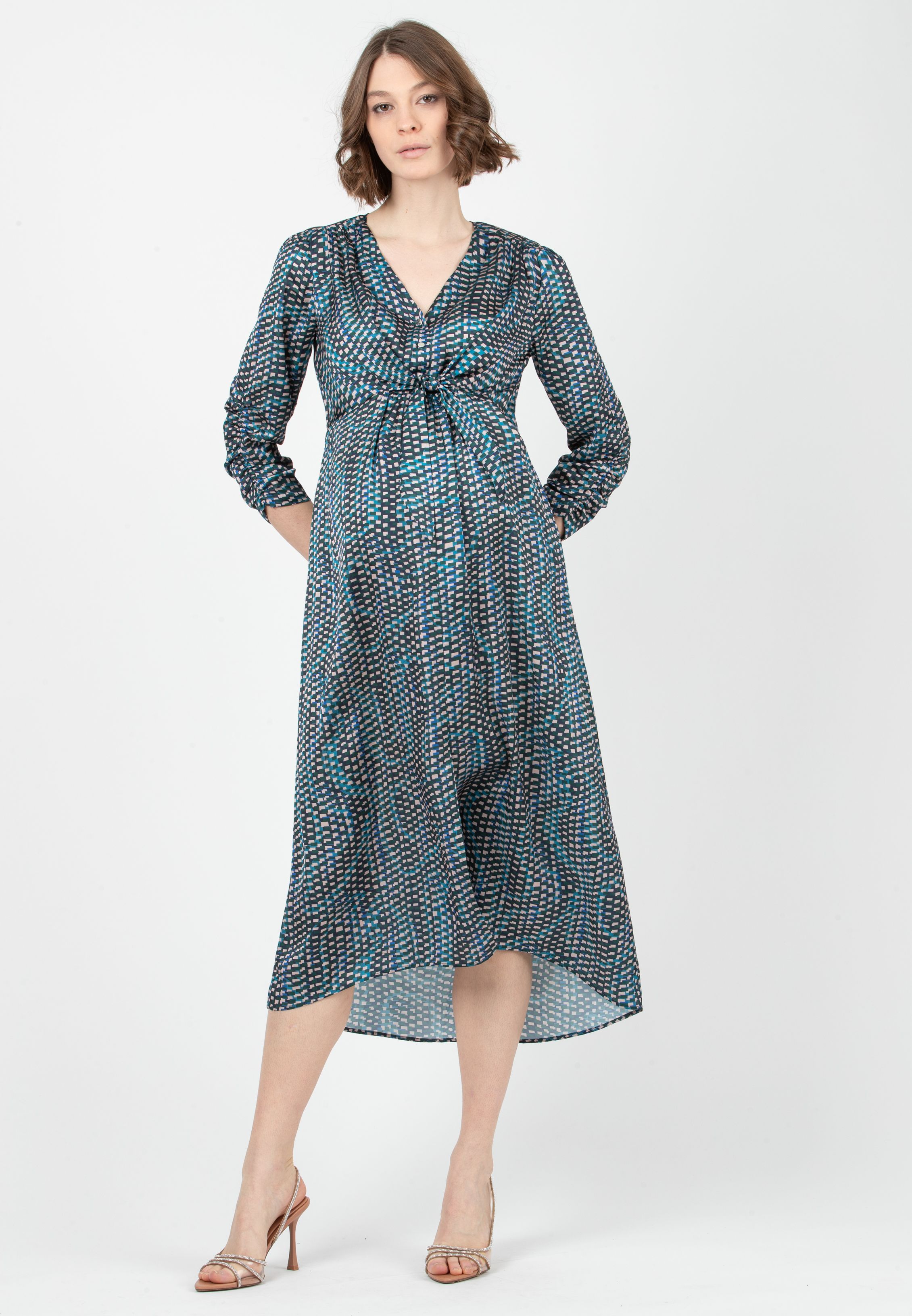 BELEN M/L - Abito Premaman & Allattamento in Raso Stampato con Corpino Annodato e Maniche 3/4 (Verde, XS)