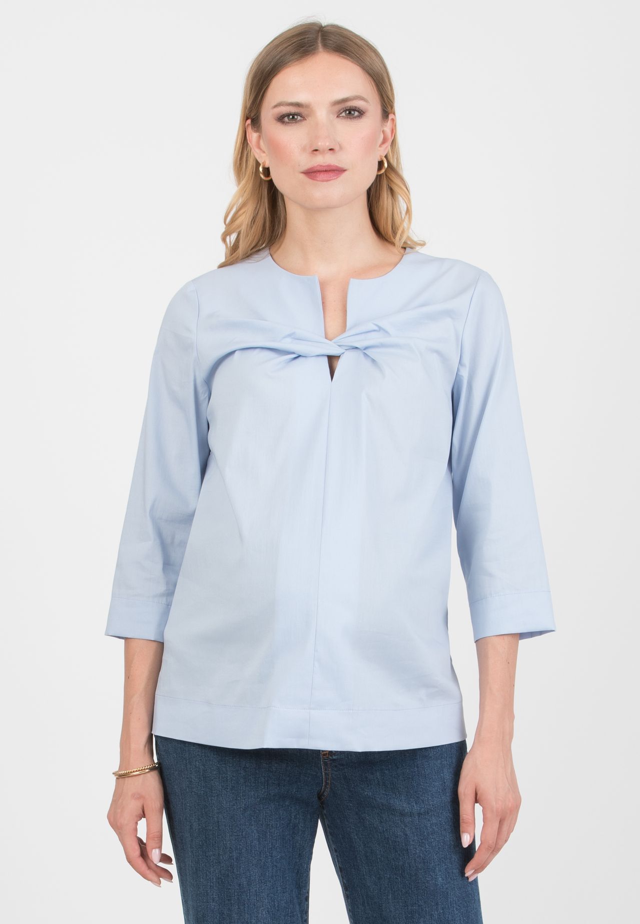 TEODORA – Maternity Poplin Cotton Shirt with Front Knot (Blue, XS)