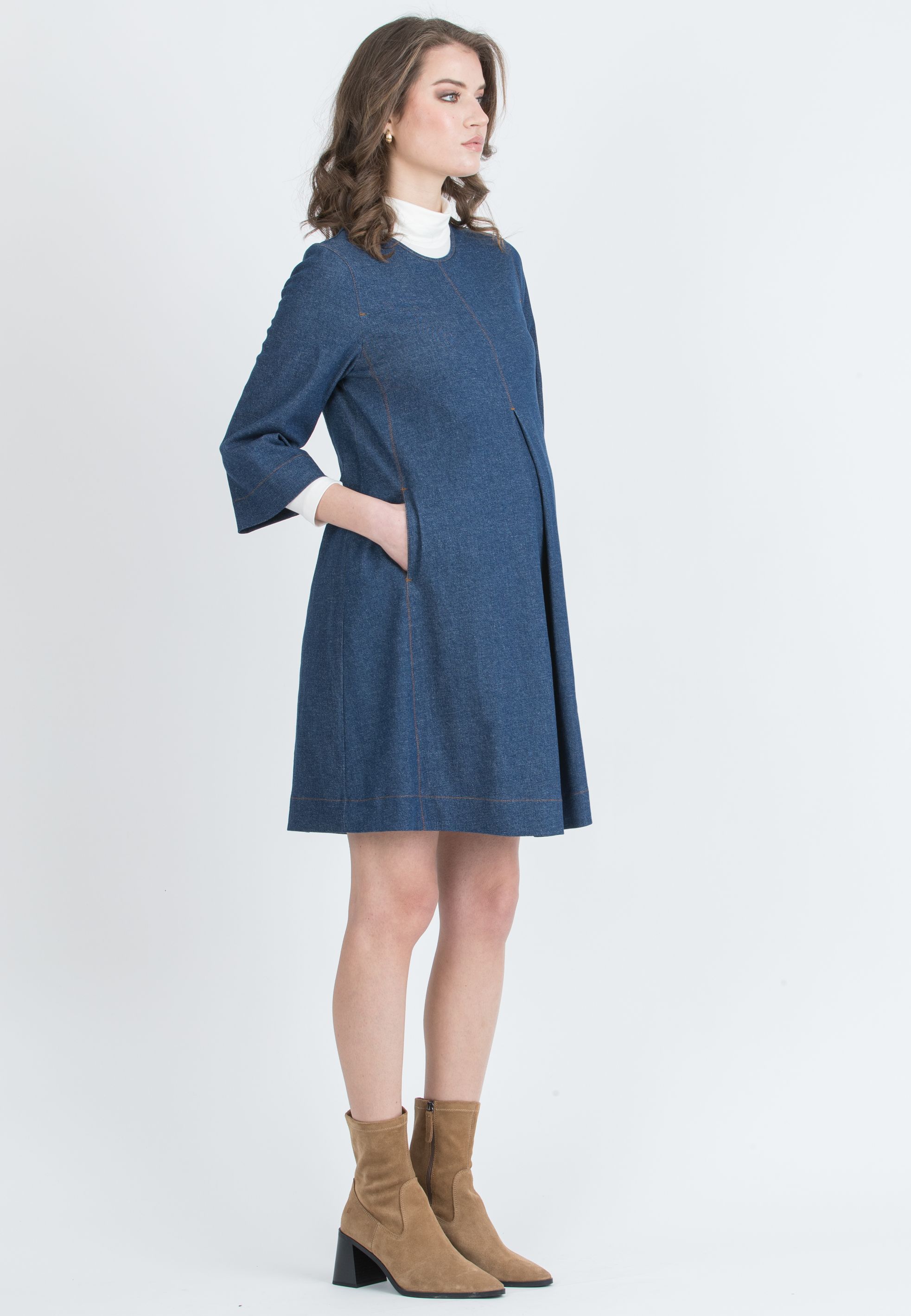 HAILEY – Maternity Dress in Stretch Cotton Denim (Blu Scuro)