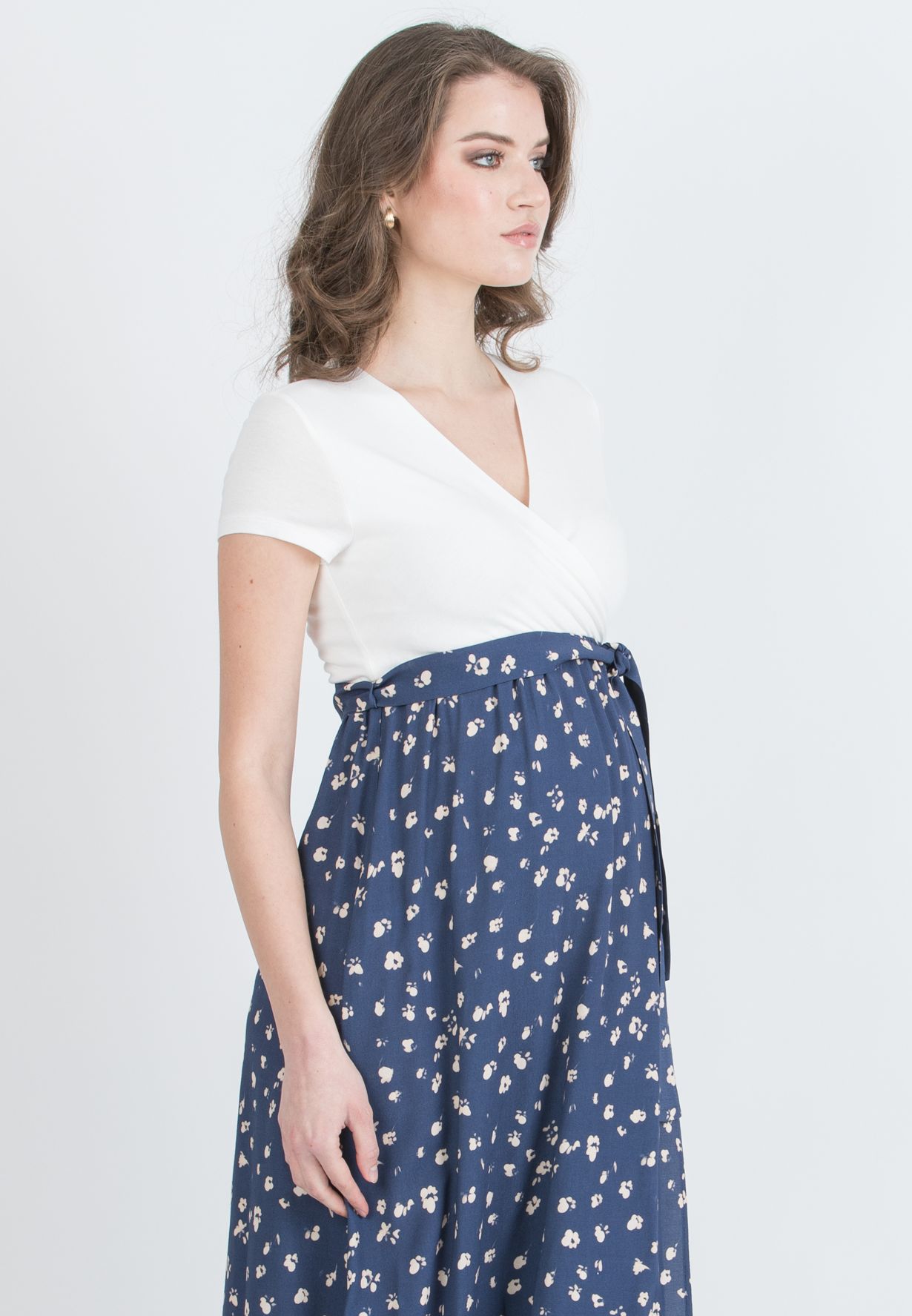 FEDERICA - Abito Midi Premaman con Scollo Incrociato e Gonna a Portafoglio in Viscosa (Blu, XS)