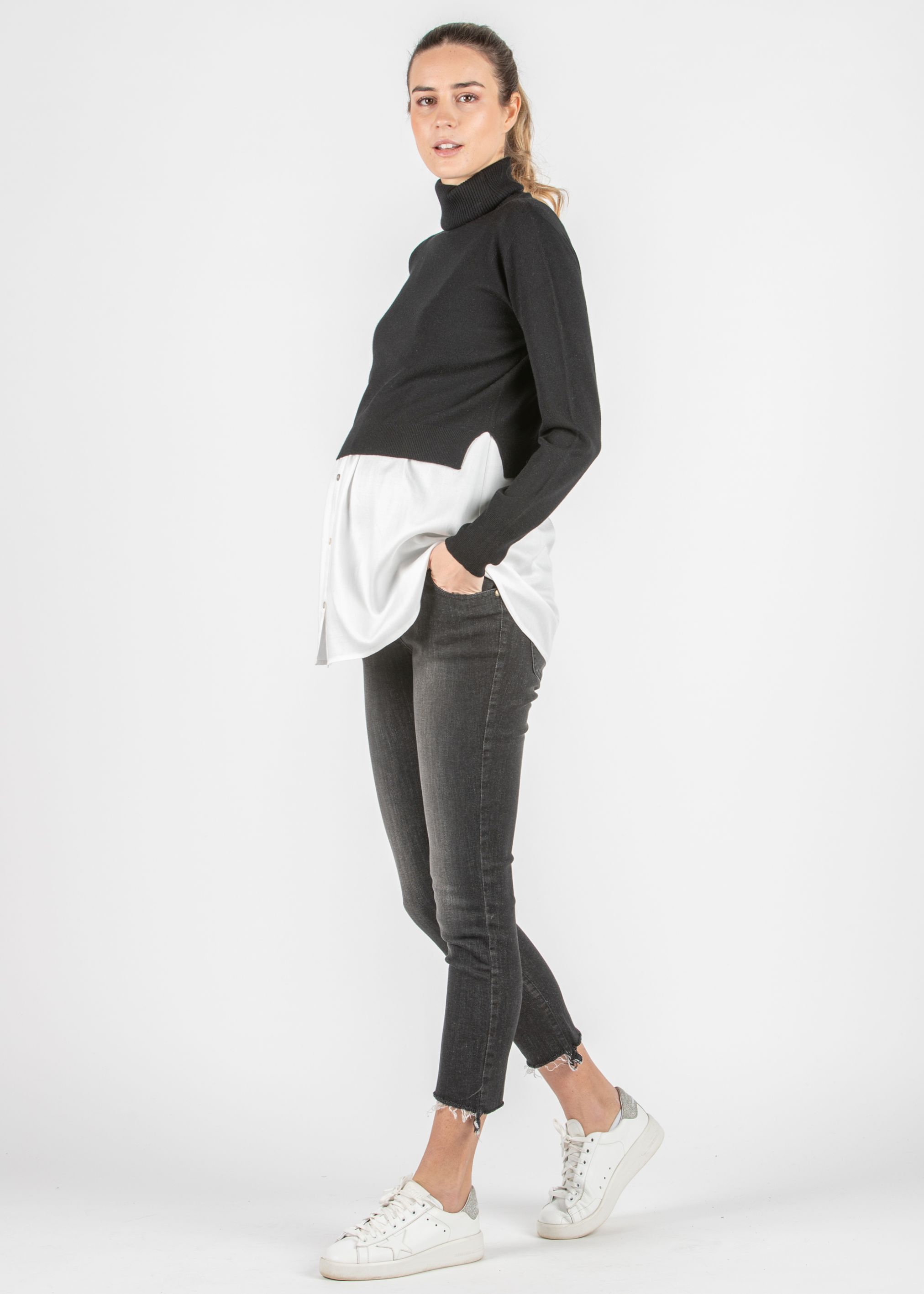 GIANNA - Maglioncino Premaman & Allattamento con Collo Alto e Top in Viscosa Abbinato (Nero, XS)