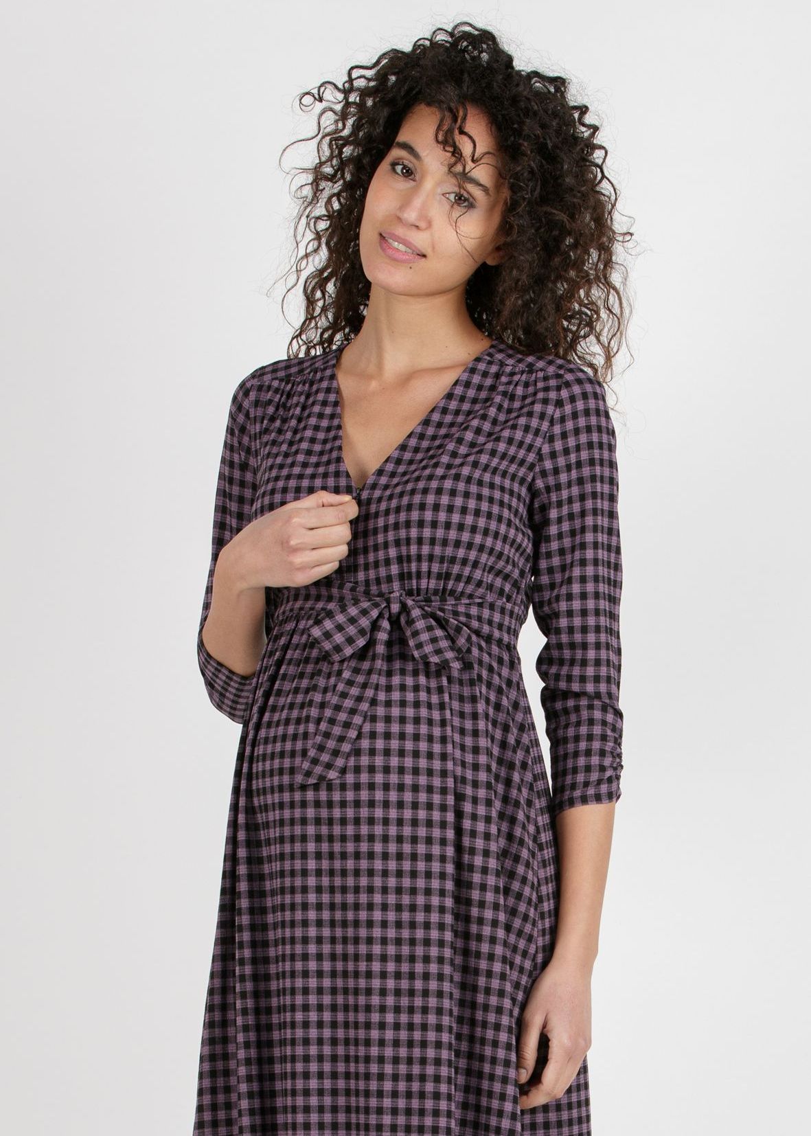 YLENIA - Gingham Midi Maternity & Nursing Dress (Glicine, XS)