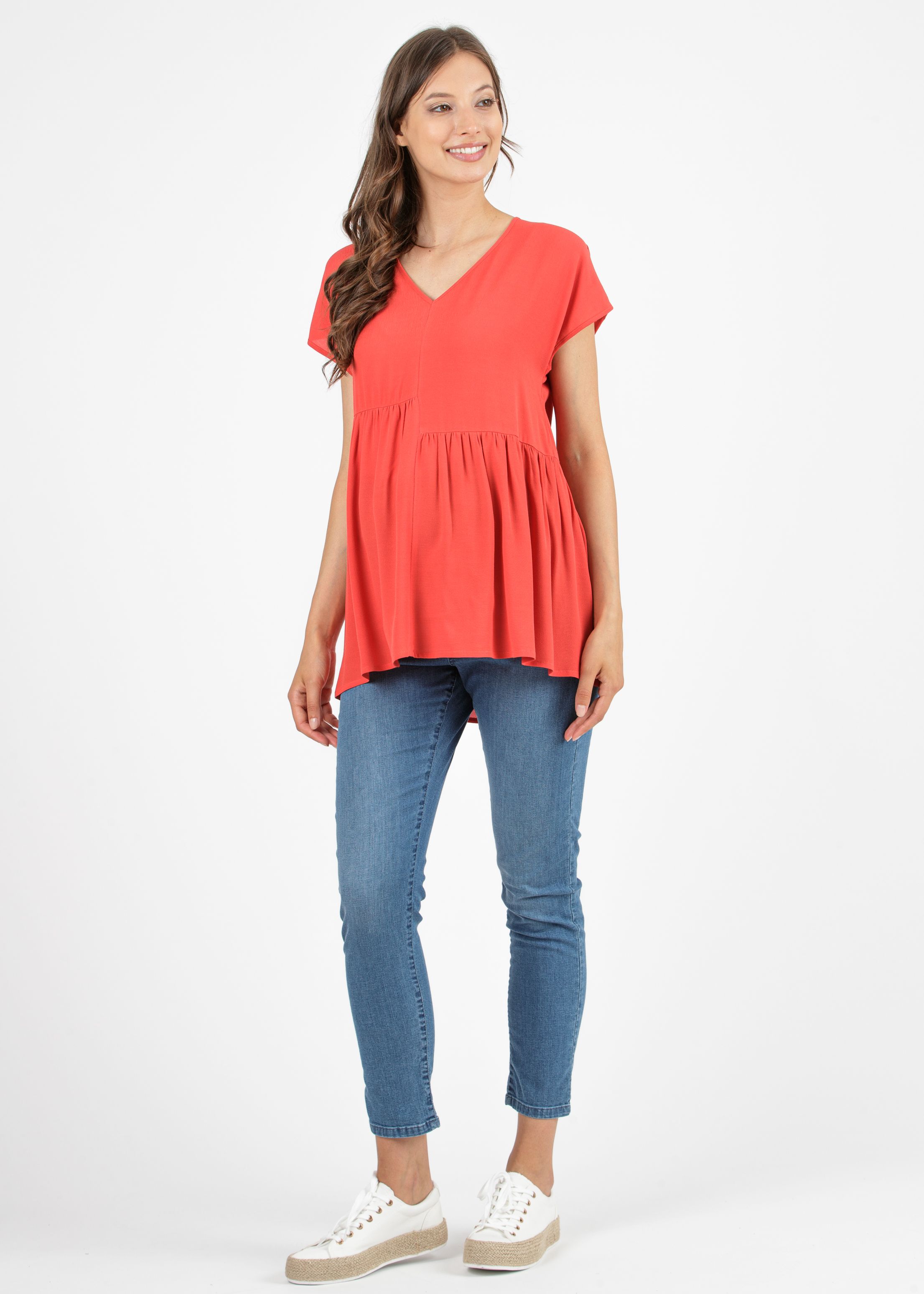 Maternity Blouse in Viscose Cady with Asymmetric Gatherings (Coral, XS)