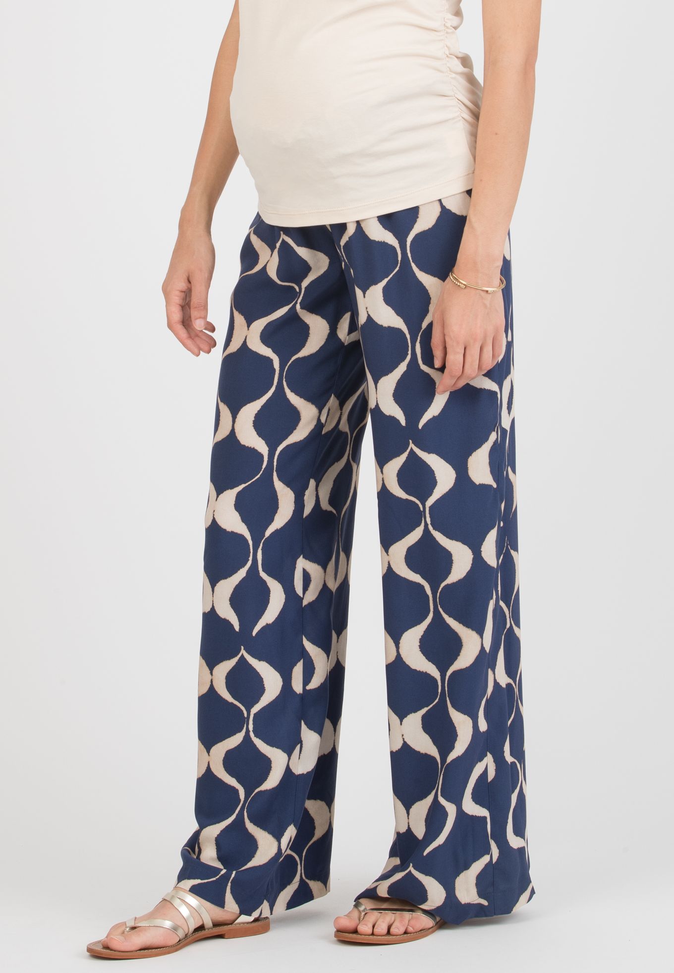 GUENDALINA LG - Maternity Palazzo Trousers in Printed Viscose Satin (Blu)