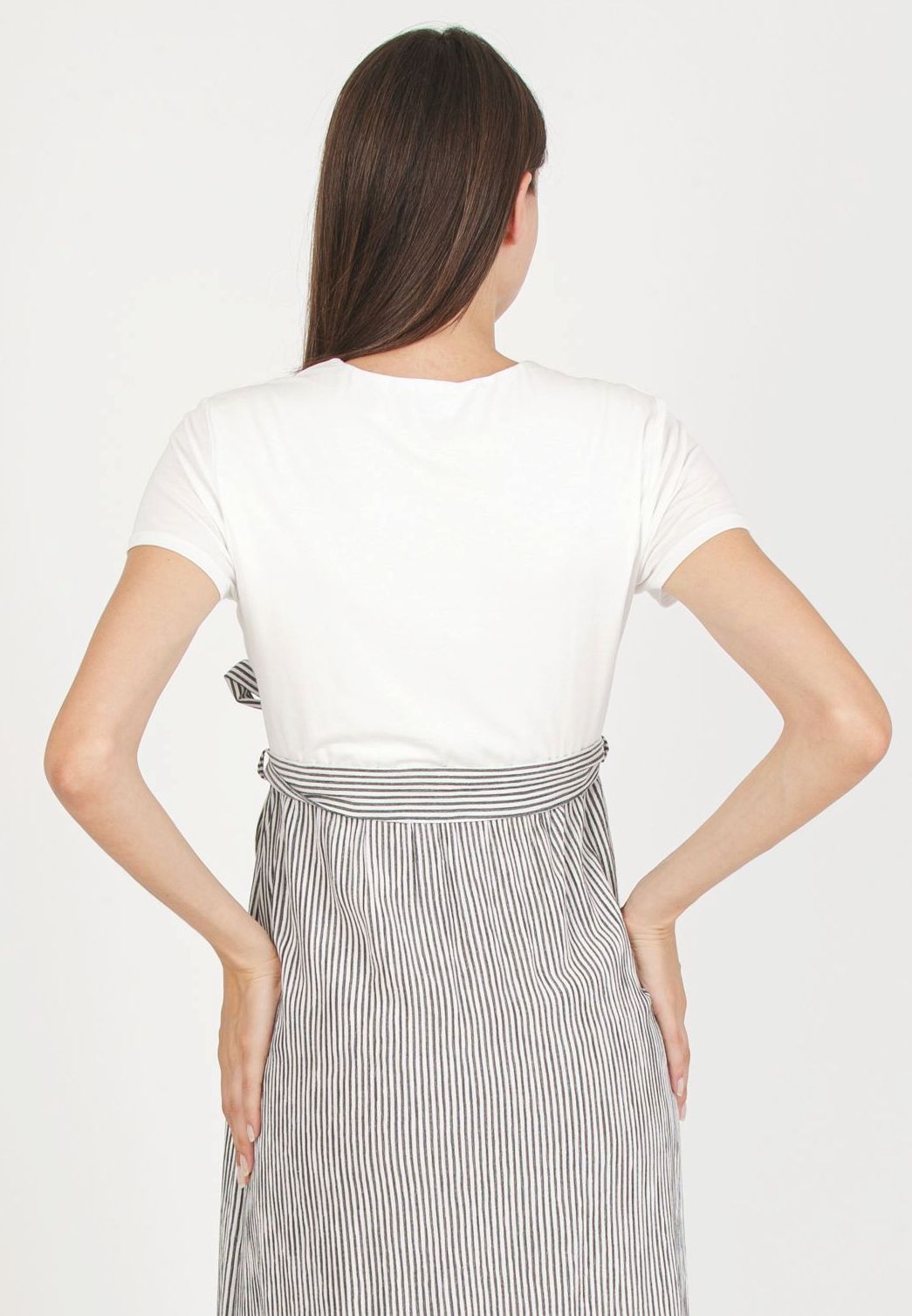 FEDERICA R - Maternity & Nursing Dress with Crossed Bodice and Striped Skirt (Black, XS)