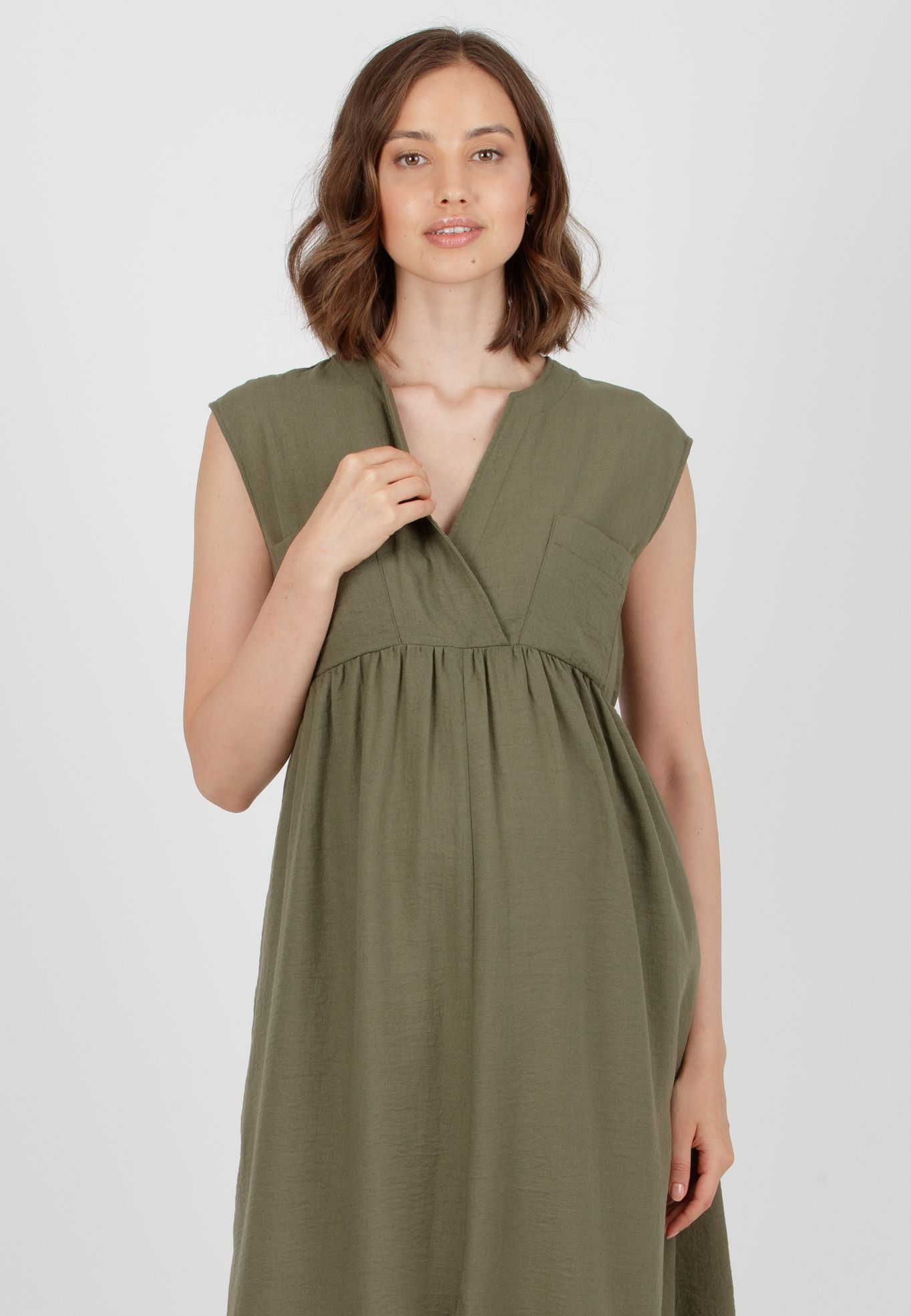 HARPER MIDI - Abito Premaman & Allattamento con Tasche sul Corpino (Verde Militare, XS)