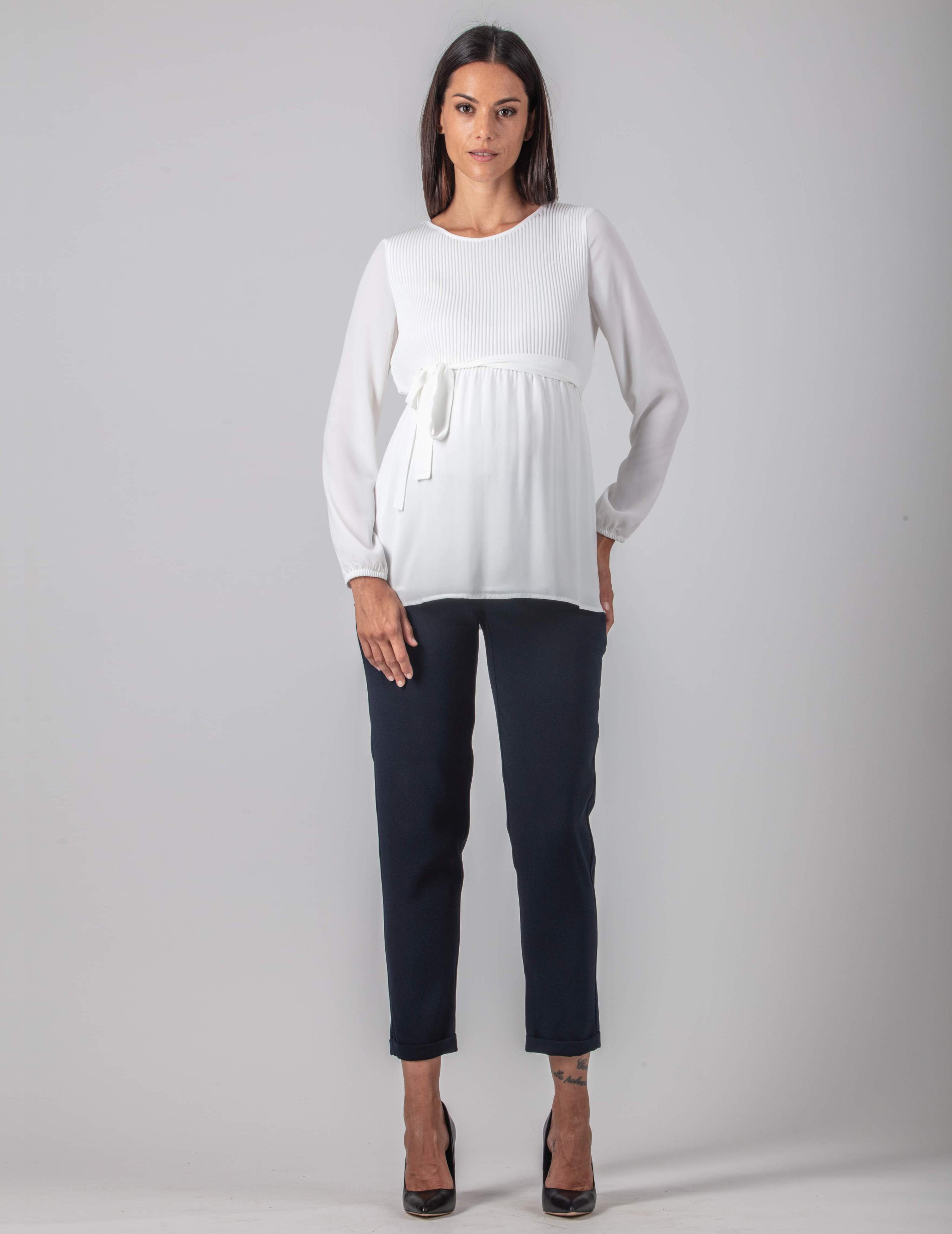 Camicetta Premaman in Georgette con Corpino in Kristal Plissé (Avorio, XS)