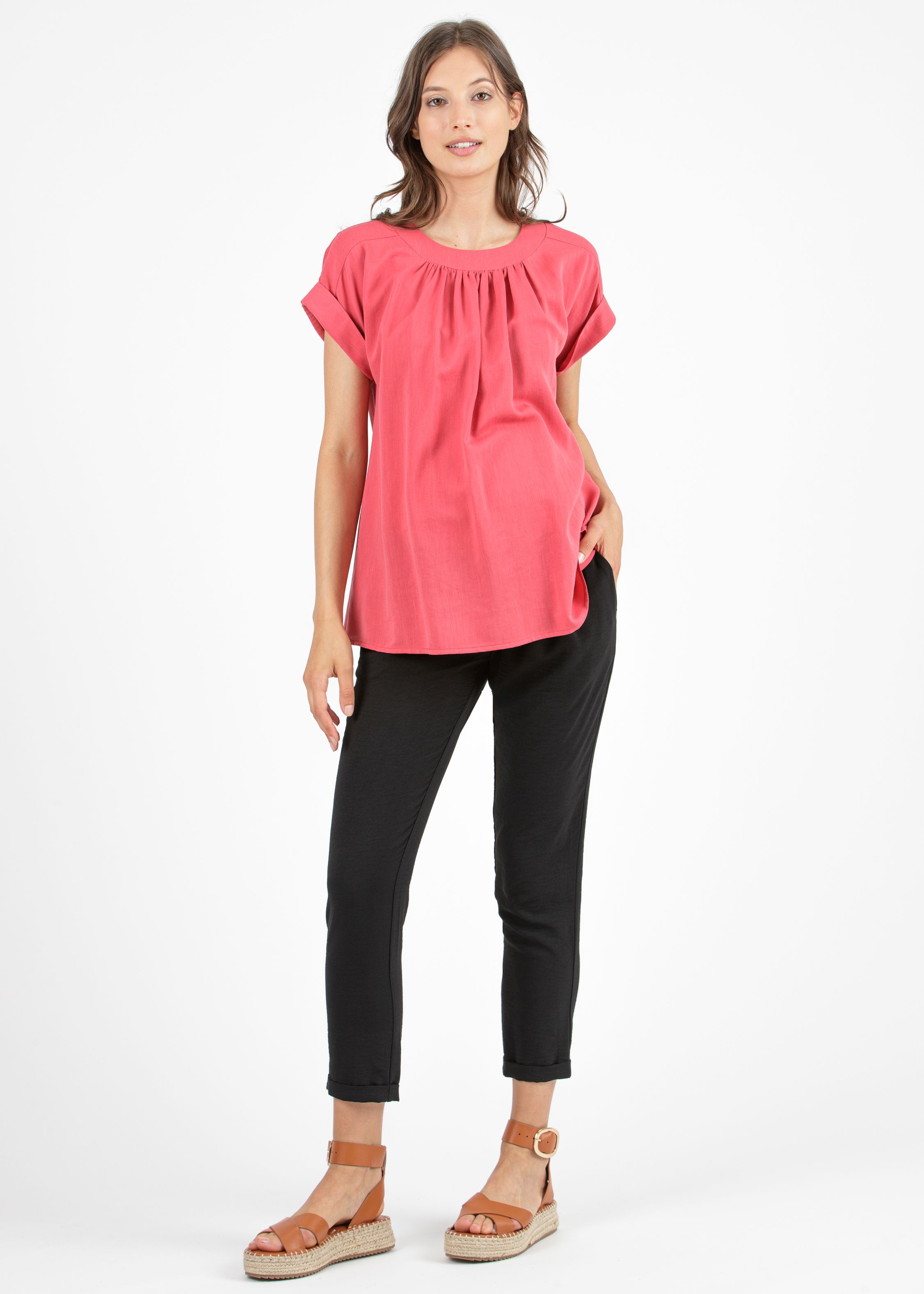 Camicetta Premaman in Tencel con Girocollo Arricciato e Manica con Risvolto (Rosso India, XS)