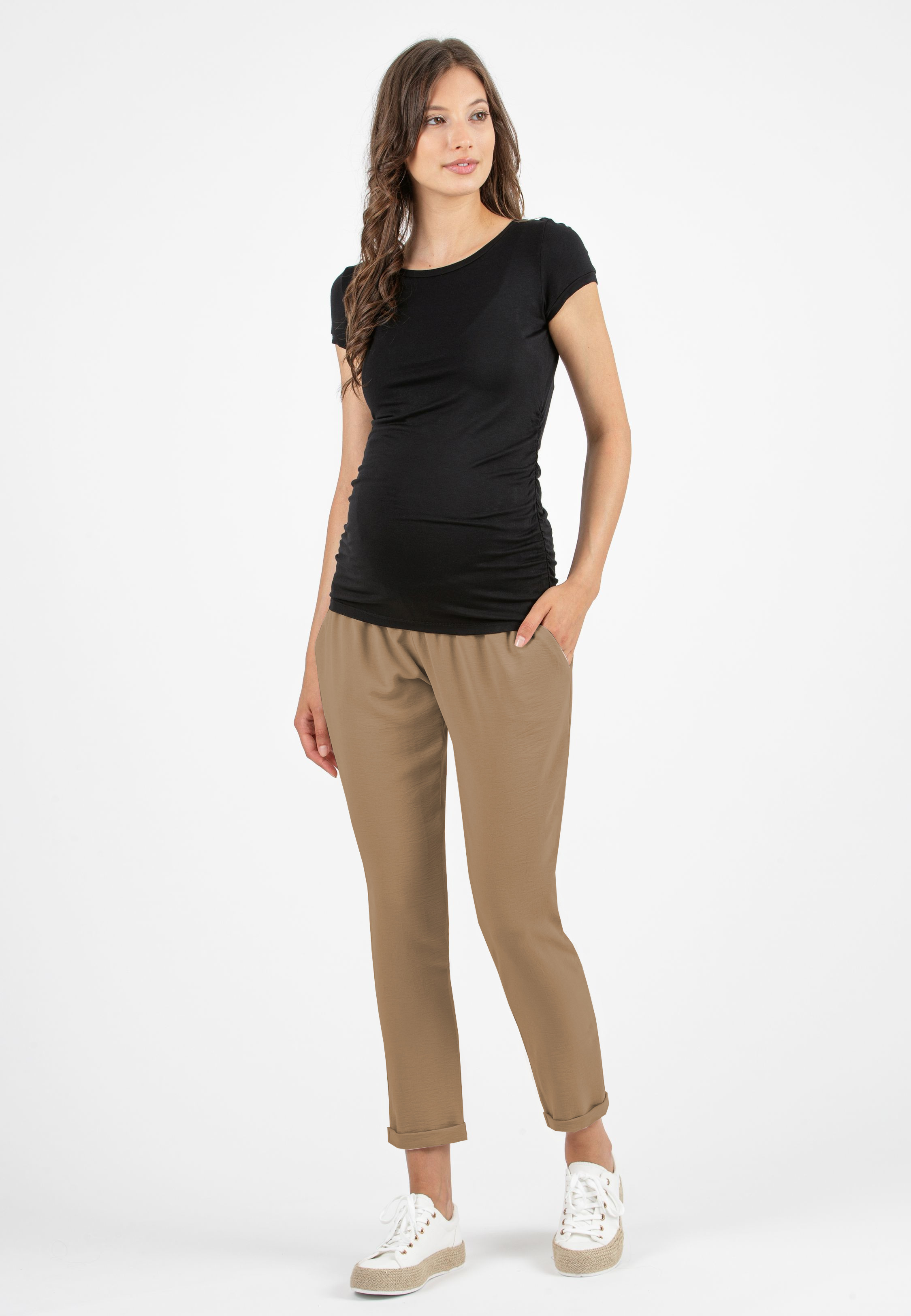 SILVIA F - Pantalone Premaman Jogger in Tela (Cammello, XS)