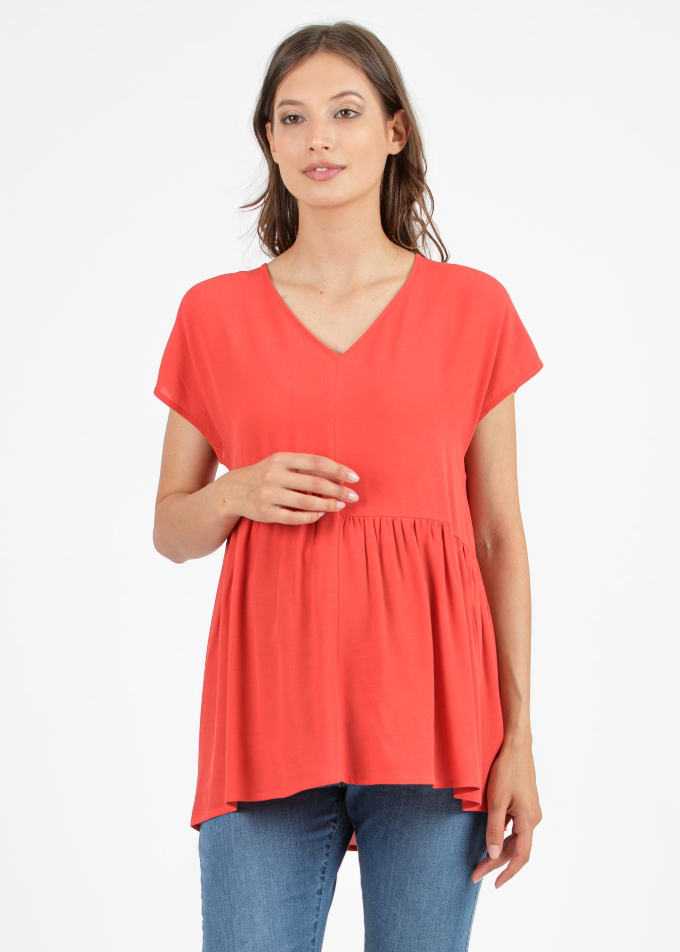 Maternity Blouse in Viscose Cady with Asymmetric Gatherings (Coral, XS)