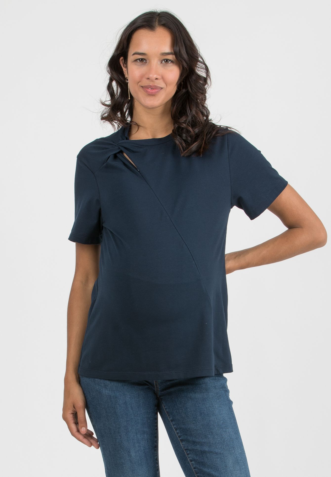 LINDSAY - T-Shirt Premaman e Allattamento in Jersey di Cotone con Nodo Laterale e Zip (Blu, XS)