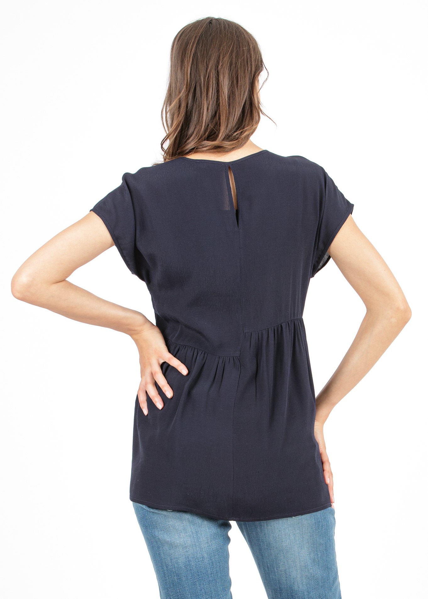 Camicetta Premaman in Cadì di Viscosa con Arricciature Asimmetriche (Blu, XS)