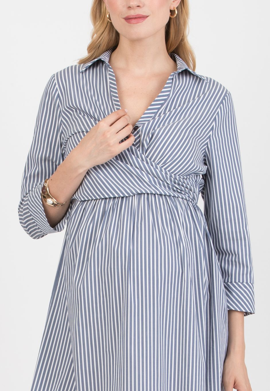 EMANUELA - Maternity & Nursing Striped Cotton Dress with Waistband (Blu)