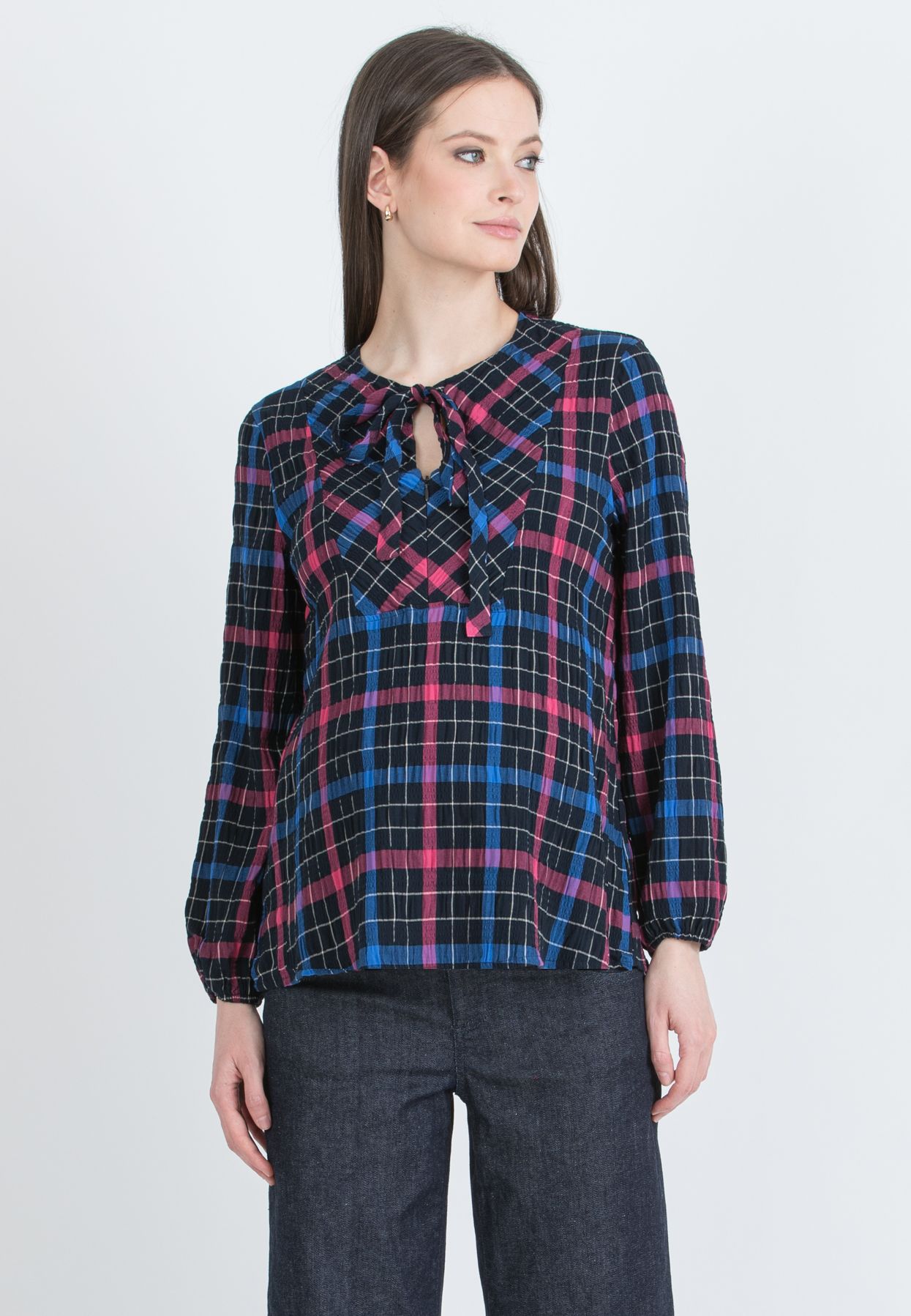 DAISY Q – Maternity & Nursing Checked Blouse in Crinkled Viscose (Blu)