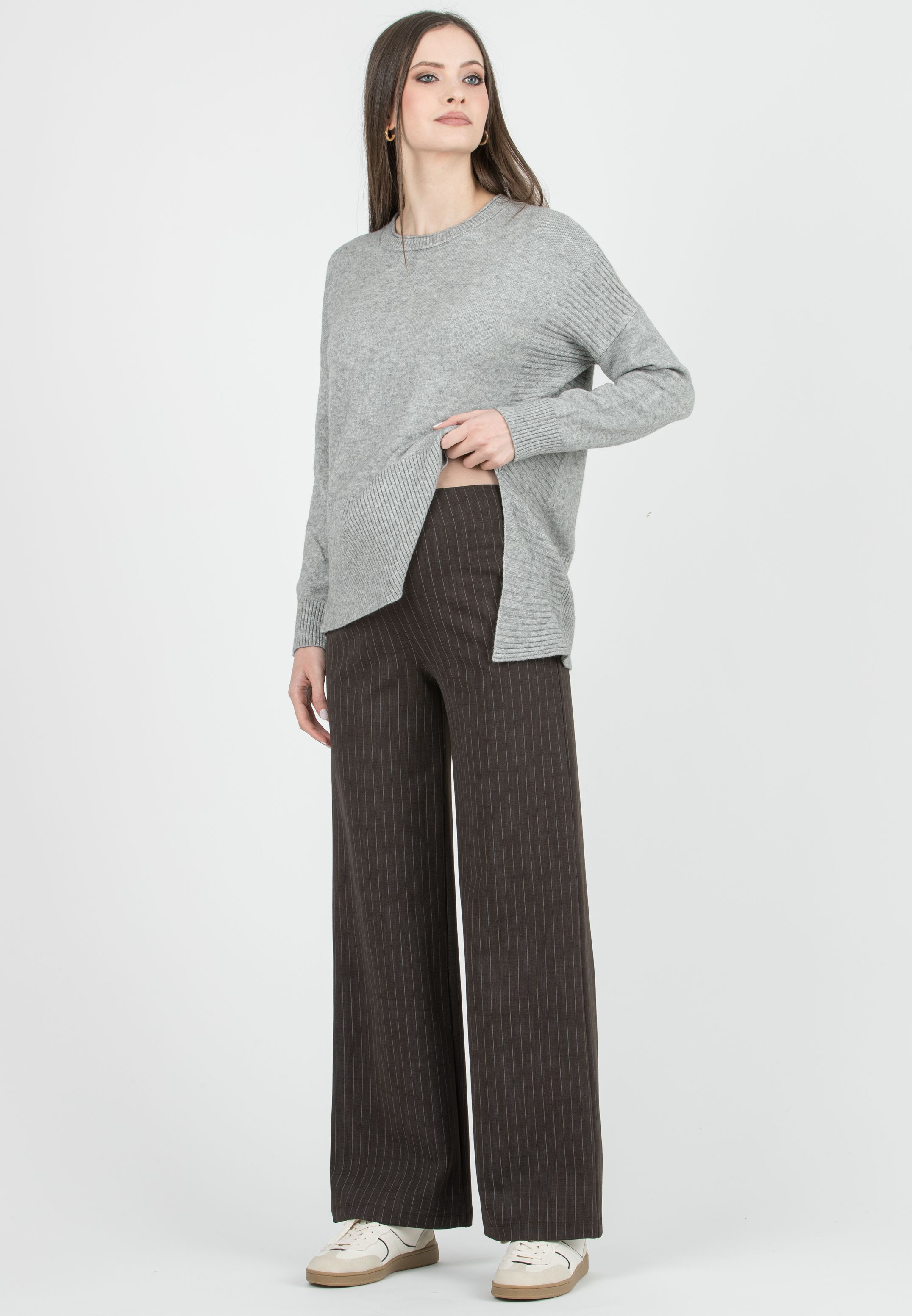 KIMBERLY G - Pantalone Premaman Palazzo in Punto Milano Invernale Gessato (Marrone)