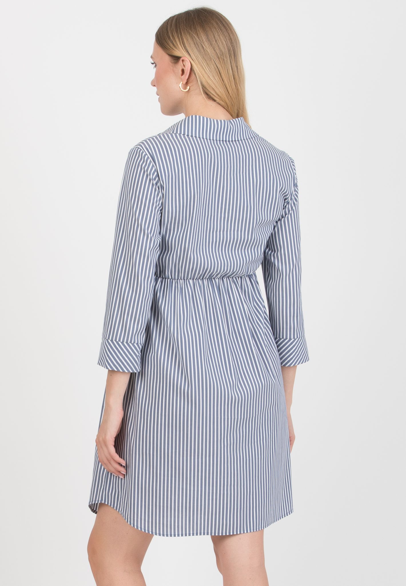 EMANUELA - Maternity & Nursing Striped Cotton Dress with Waistband (Blu)