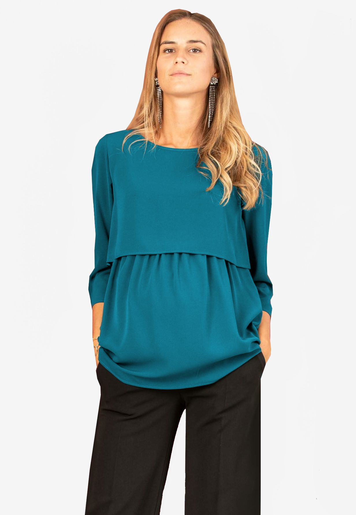 CATERINA - Maternity & Nursing Blouse in Crepe (Teal, XS)