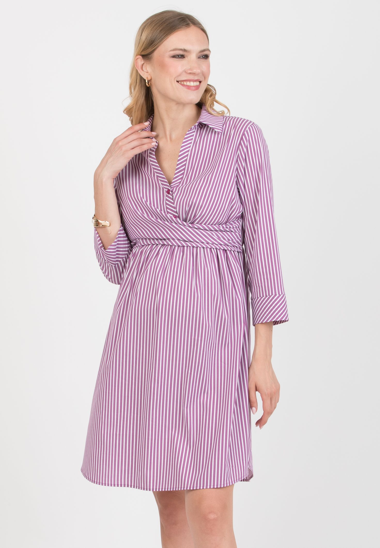 EMANUELA - Maternity & Nursing Striped Cotton Dress with Waistband (Viola)