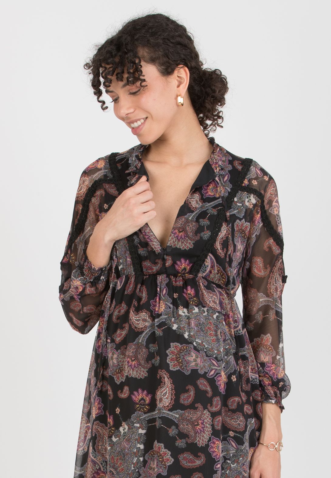 STELLA - Abito Premaman & Allattamento con Passamaneria e Stampa Paisley (Nero, XS)