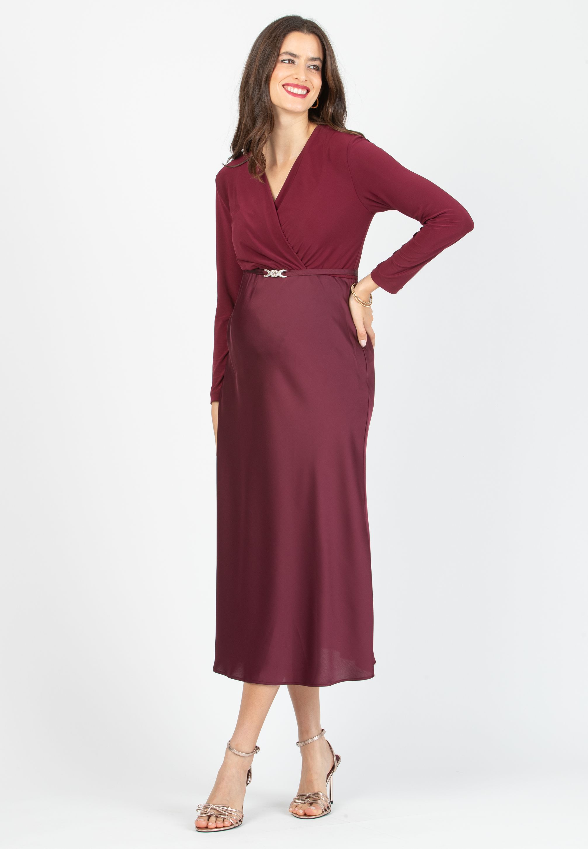 DILETTA M/L - Maternity & Nursing Dress with Crossover Bodice and Satin Skirt (Bordeaux)
