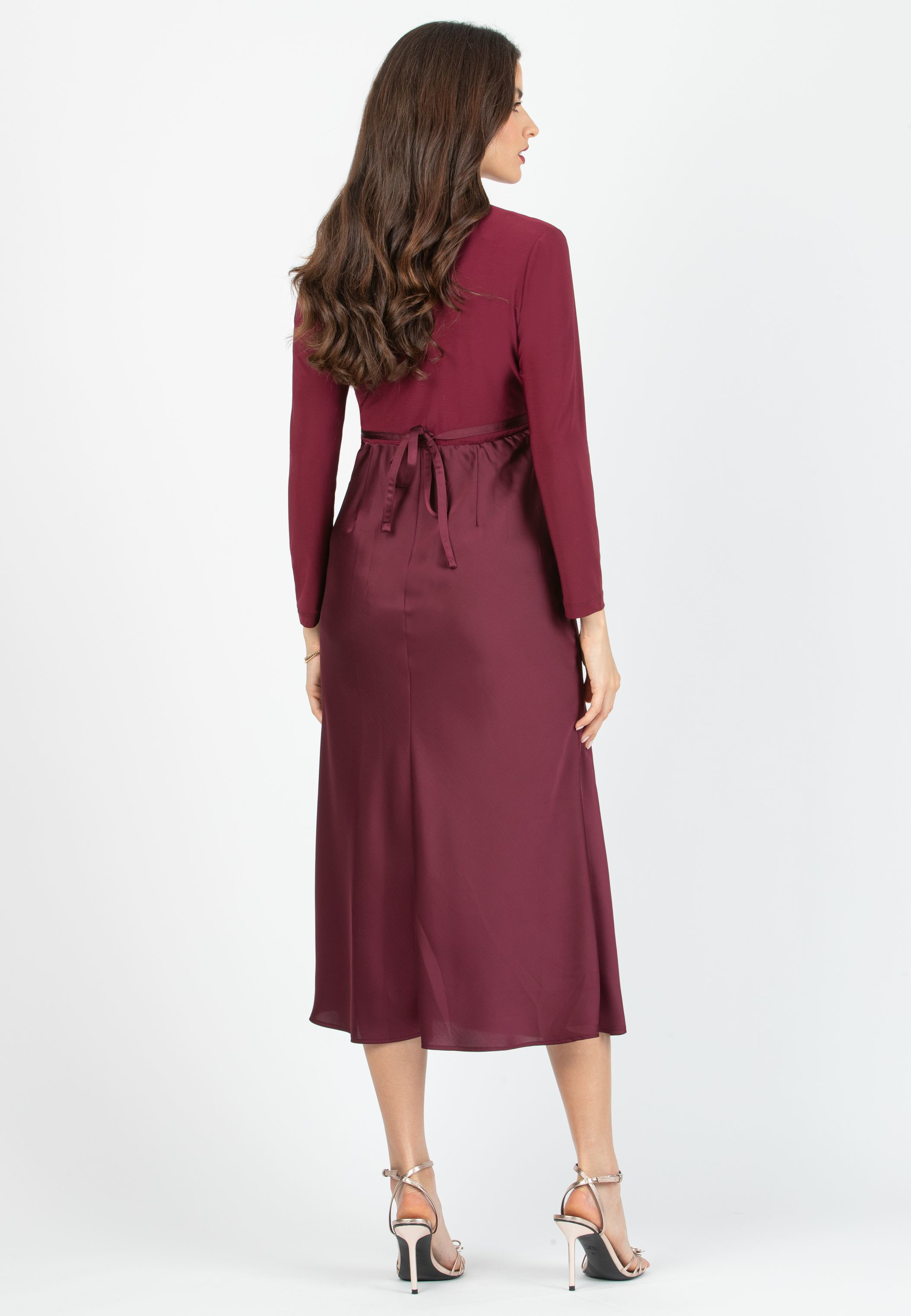 DILETTA M/L - Maternity & Nursing Dress with Crossover Bodice and Satin Skirt (Bordeaux)