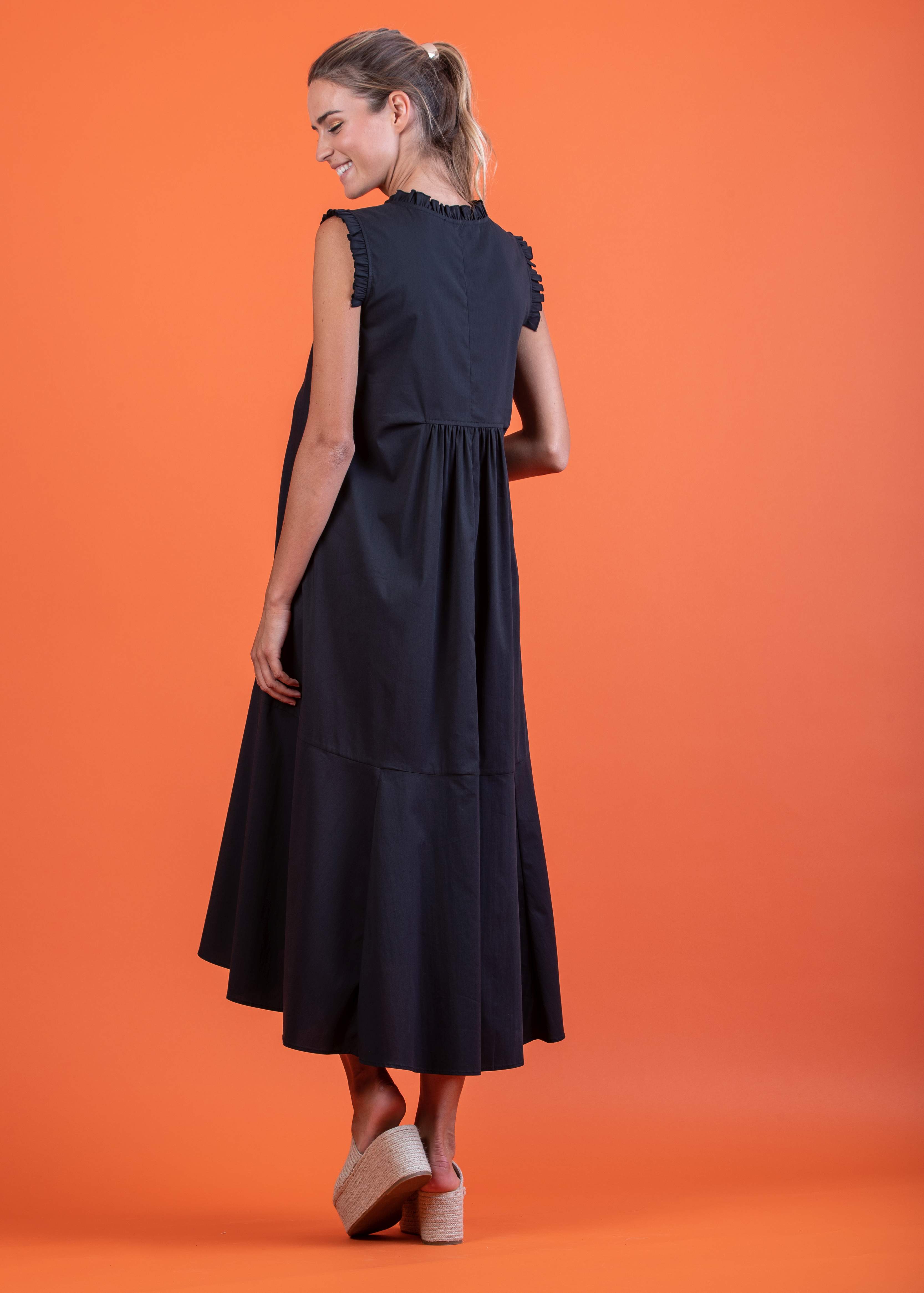 SOFIA MIDI - Abito Midi Premaman in Popeline di Cotone con Rouches (Nero, XS)