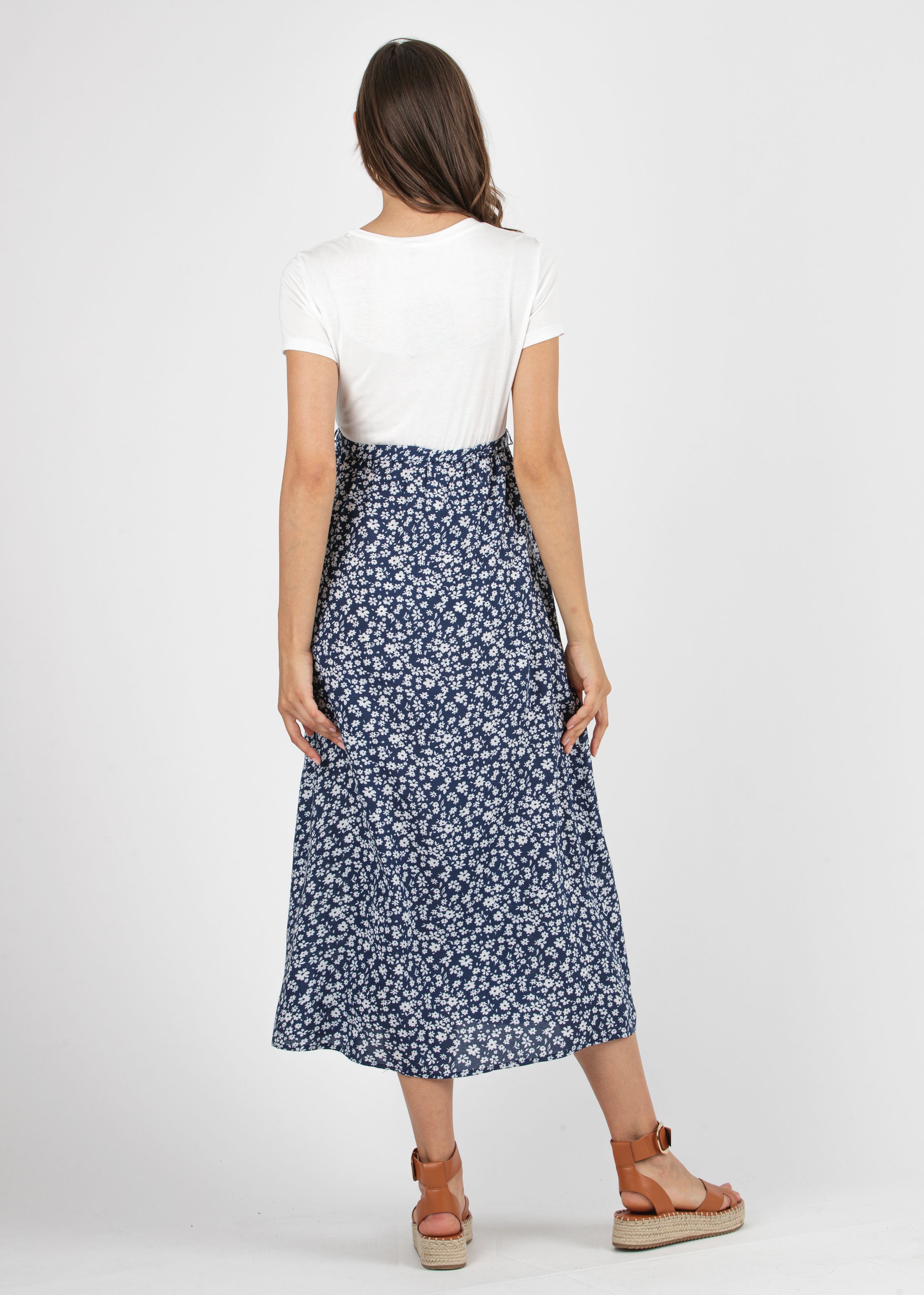Midi Maternity Dress with Floral Printed Wraparound Skirt (Blue, XS)